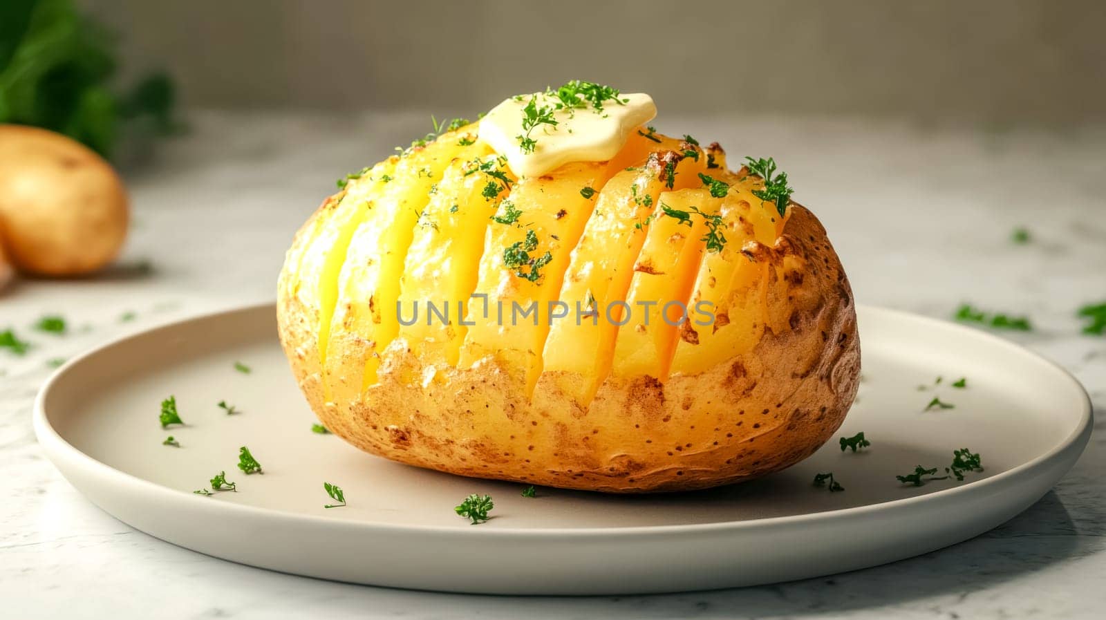 Sliced baked potato topped with melted butter and fresh parsley is served on a white plate. The image evokes comfort food, warmth, and delicious home cooking