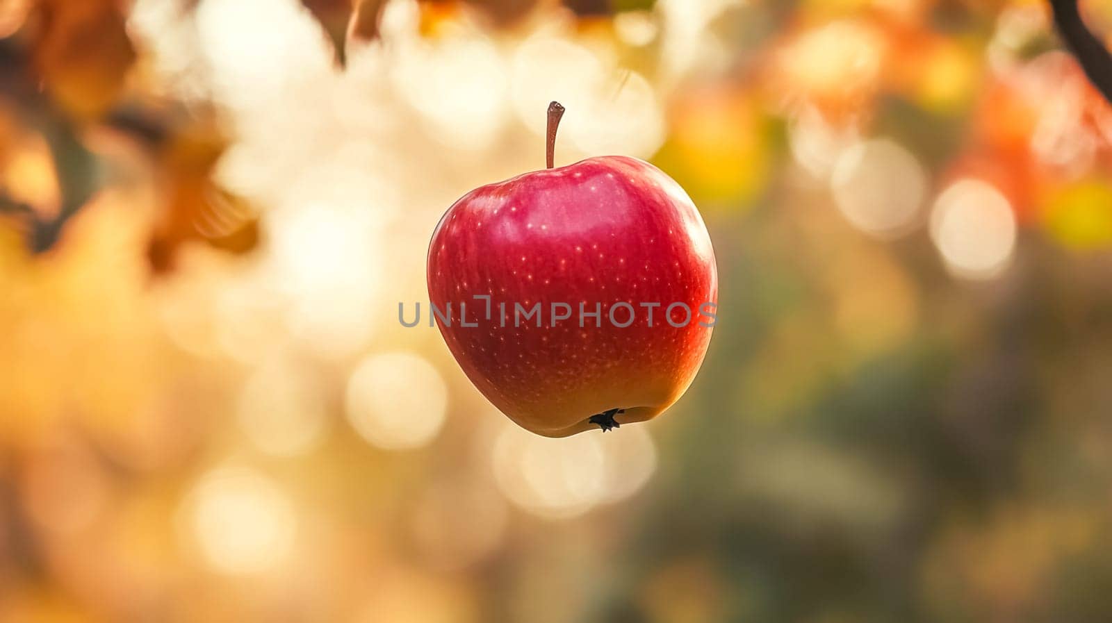 Ripe red apple hanging from a tree in the warm sunlight, symbolizing autumn's bounty and freshness. Perfect for fall designs