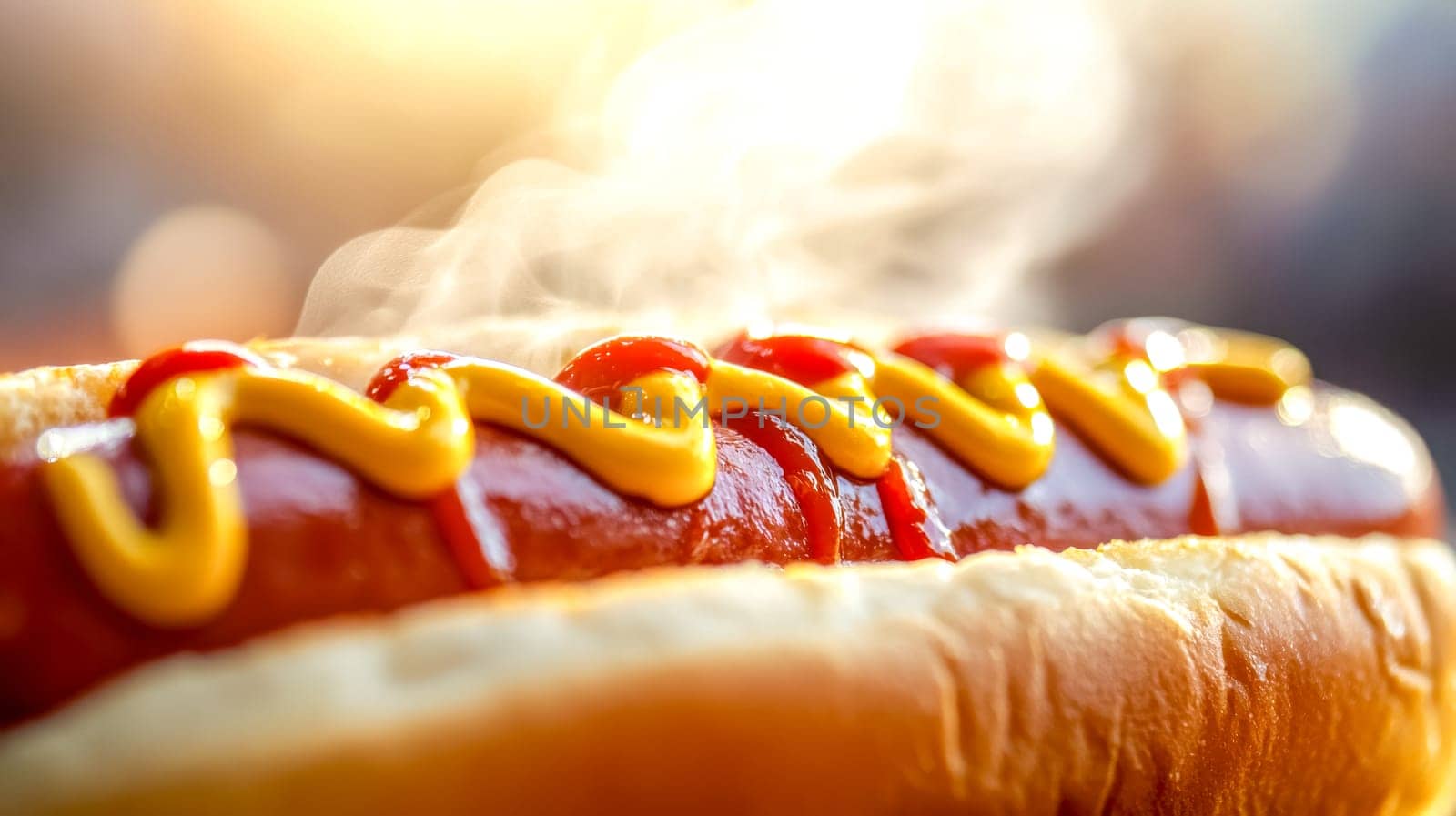 Closeup of a hot dog with mustard and ketchup, steaming in the sun. This classic snack is perfect for a summer barbecue or a casual meal