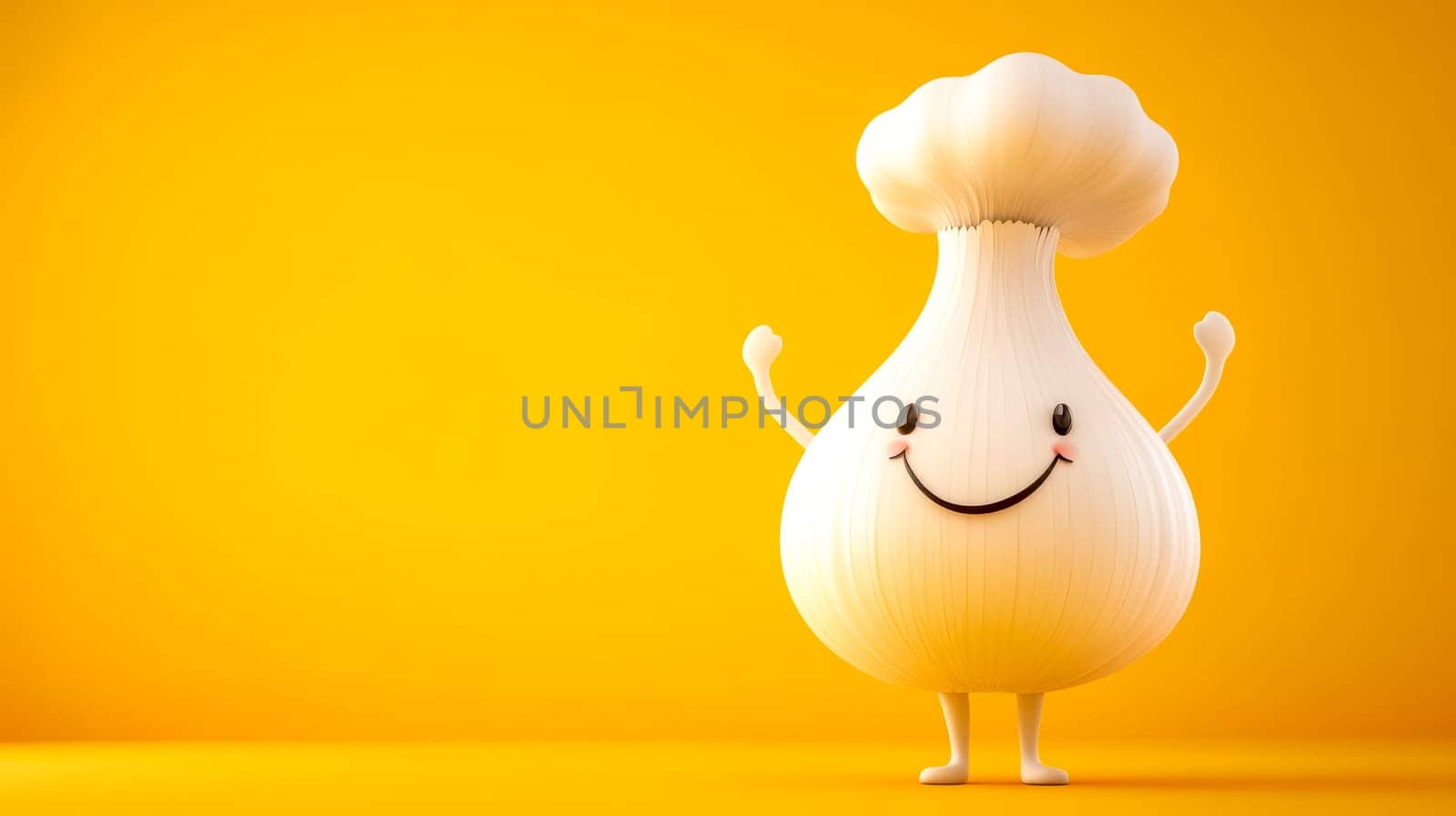 Cheerful garlic bulb chef character is joyfully waving, radiating positivity and culinary enthusiasm against a vibrant yellow backdrop