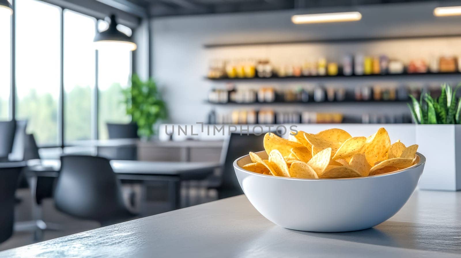 White bowl overflowing with crispy tortilla chips sits on the counter of a bright modern office pantry, offering a tempting snack for employees