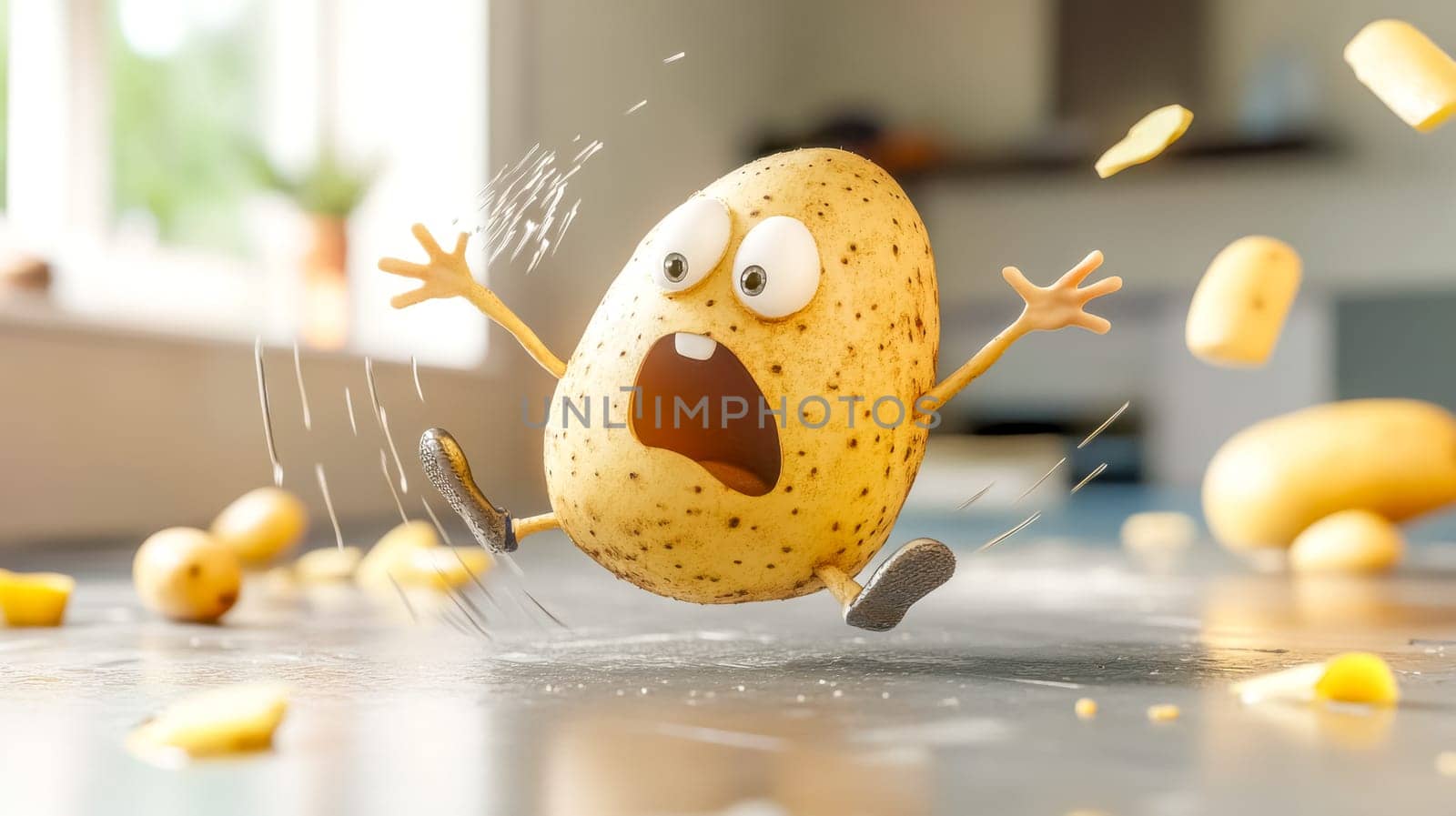Cartoon potato slips comically on a kitchen countertop, surrounded by pieces of itself, eyes wide in fear