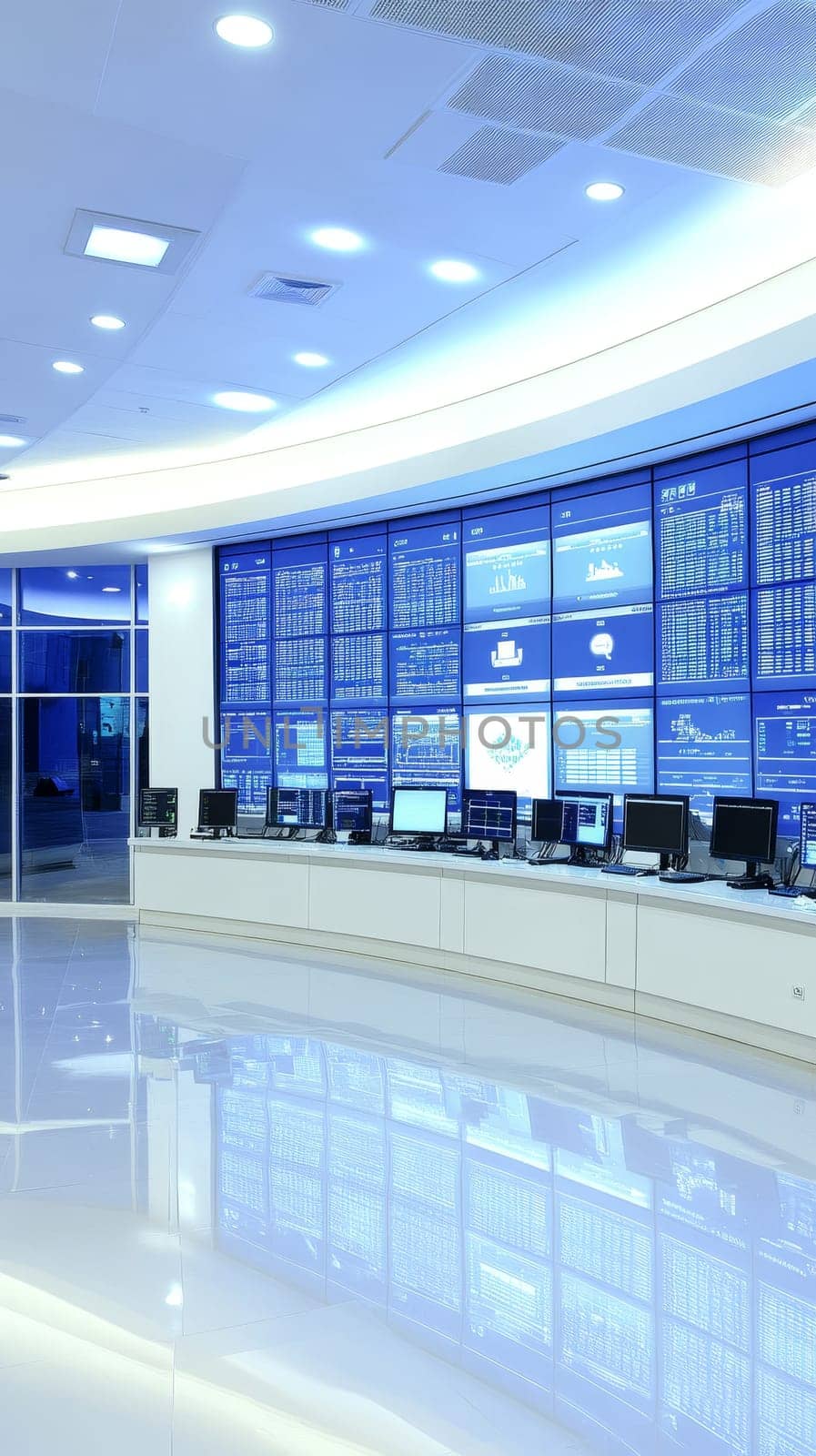 Modern control room with curved wall of data screens and computer workstations, illustrating advanced technology and data management in corporate environment.