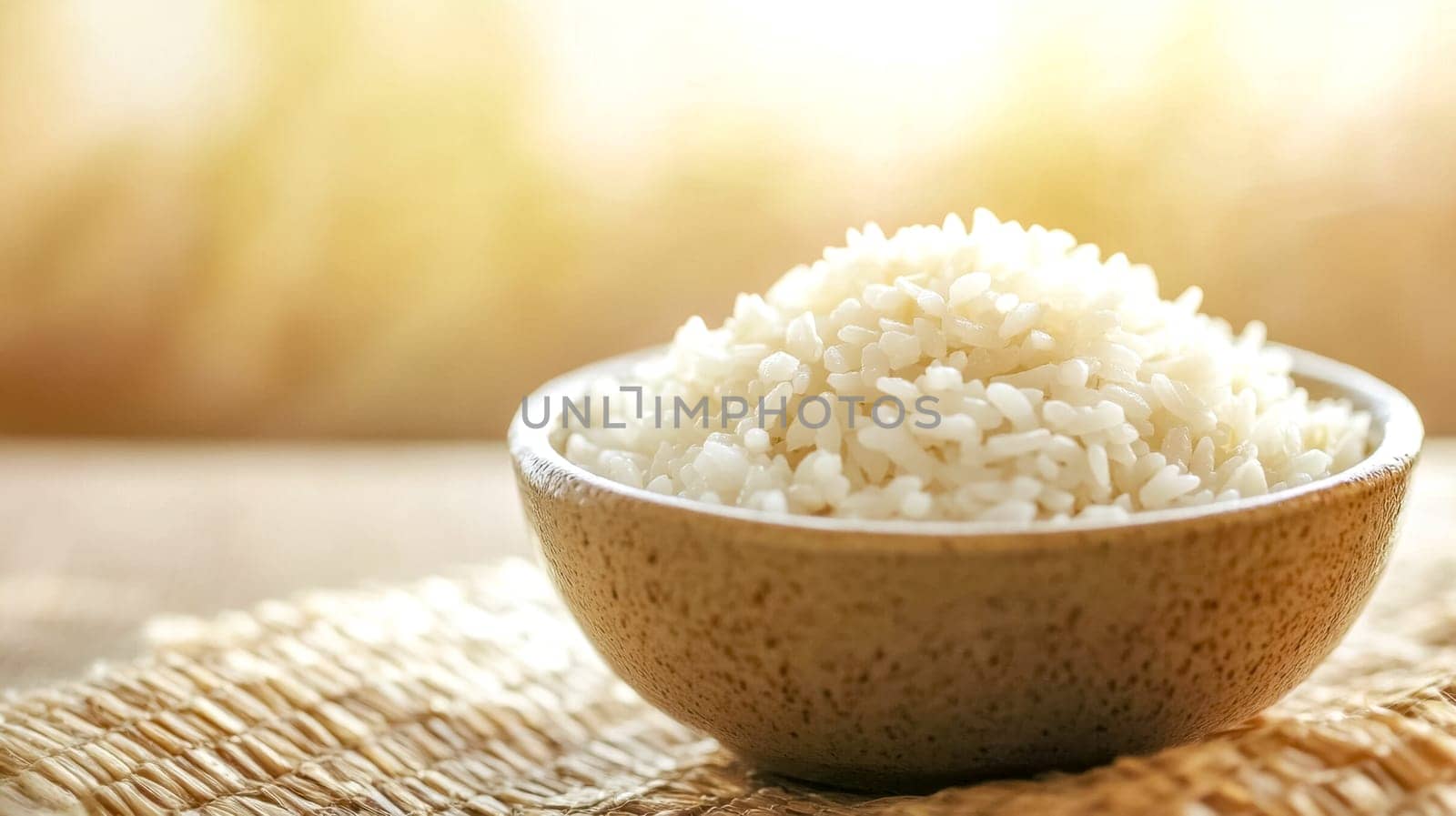 Bowl is overflowing with perfectly cooked, white rice and sitting on a woven mat with a blurred background. The image gives a warm feeling