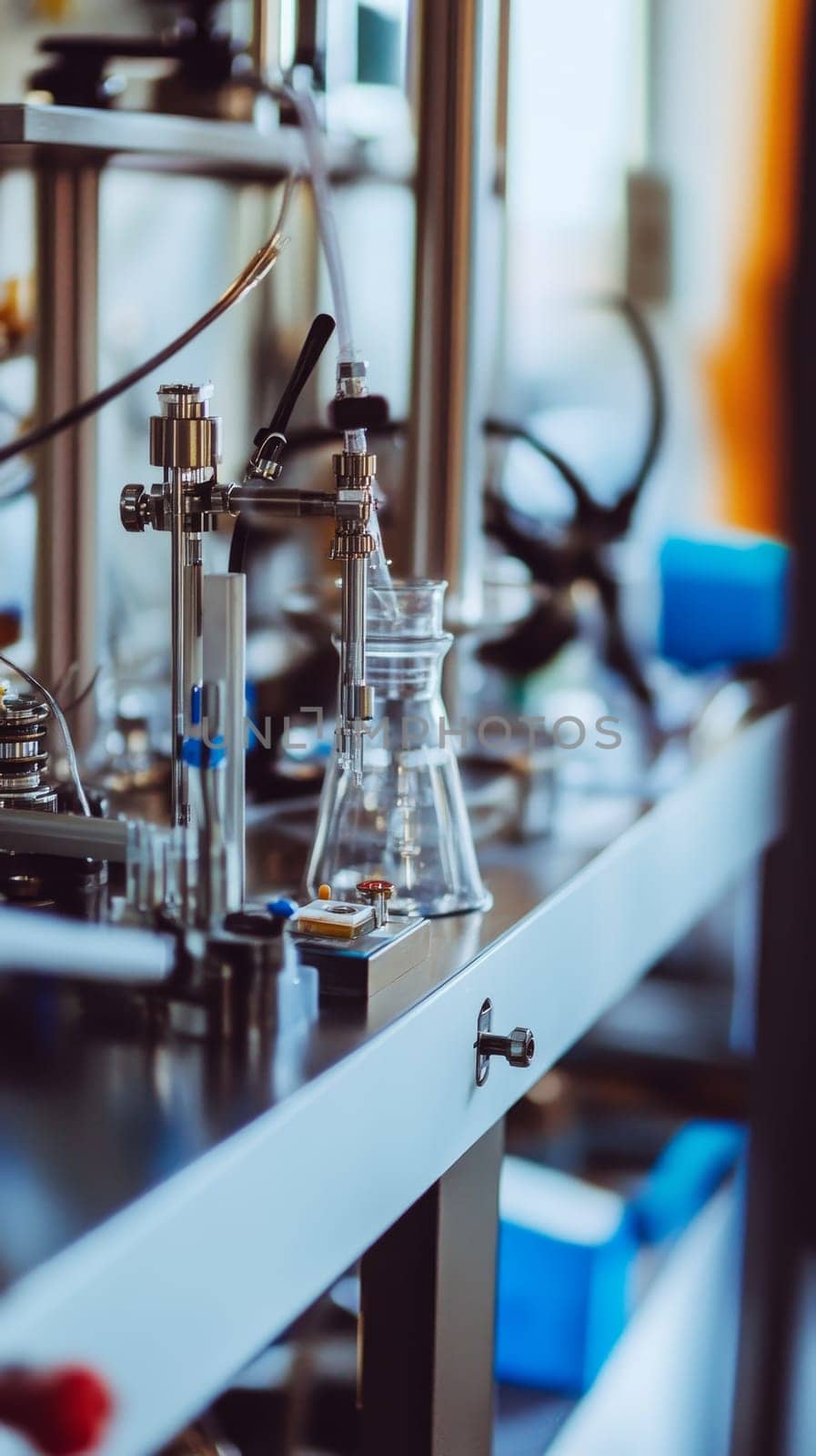 Close up view of precision scientific instruments and glassware in a modern research laboratory, showcasing advanced technology for chemical analysis.