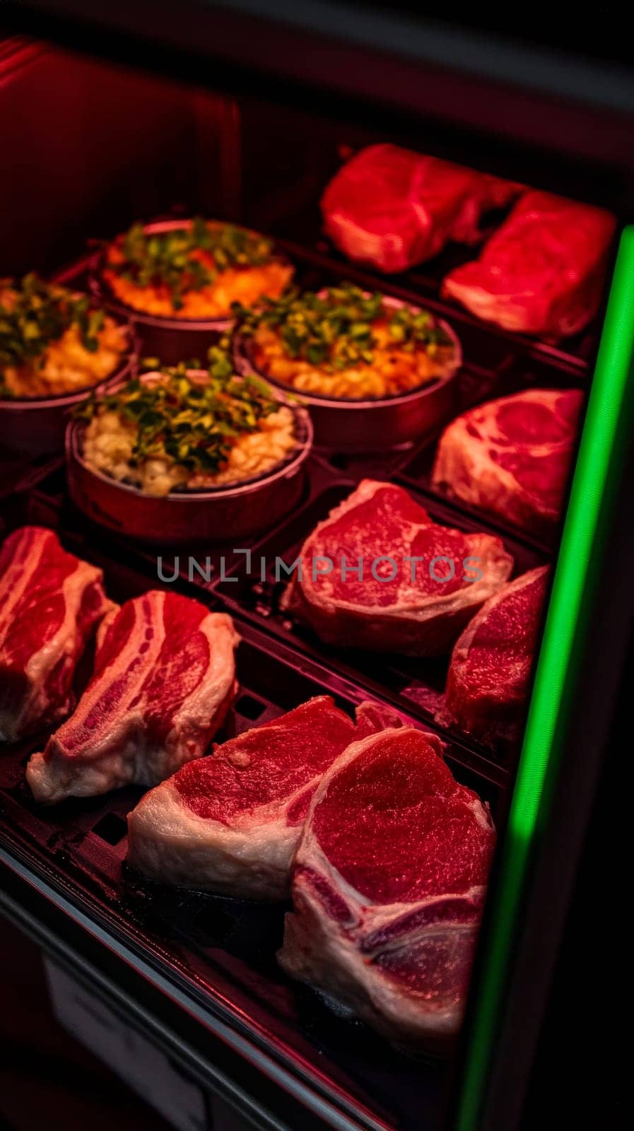 Close up of premium raw meat cuts and prepared dishes in a stylish butcher shop display, highlighting quality and presentation in food retail.