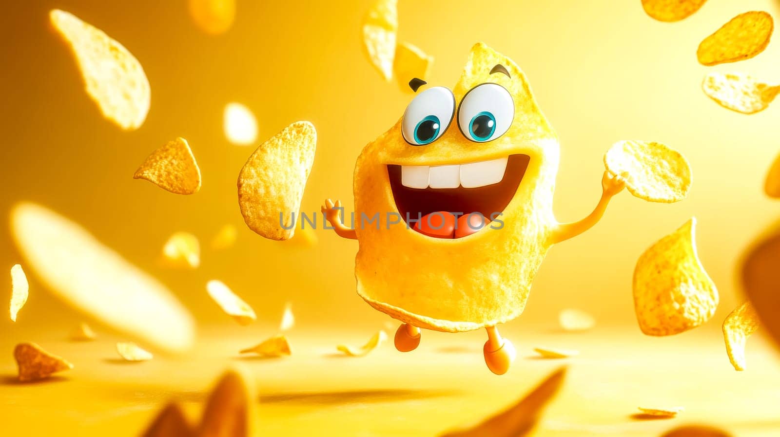 Cheerful, golden potato chip character is joyfully jumping amidst a flurry of crispy chips, embodying the fun and deliciousness of snack time