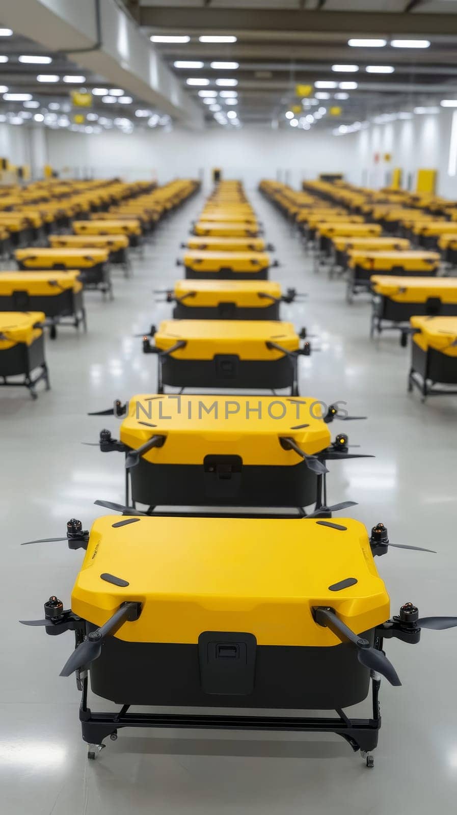 Vast warehouse interior filled with rows of yellow delivery drones, illustrating the future of automated logistics and technological advancements in shipping industry.