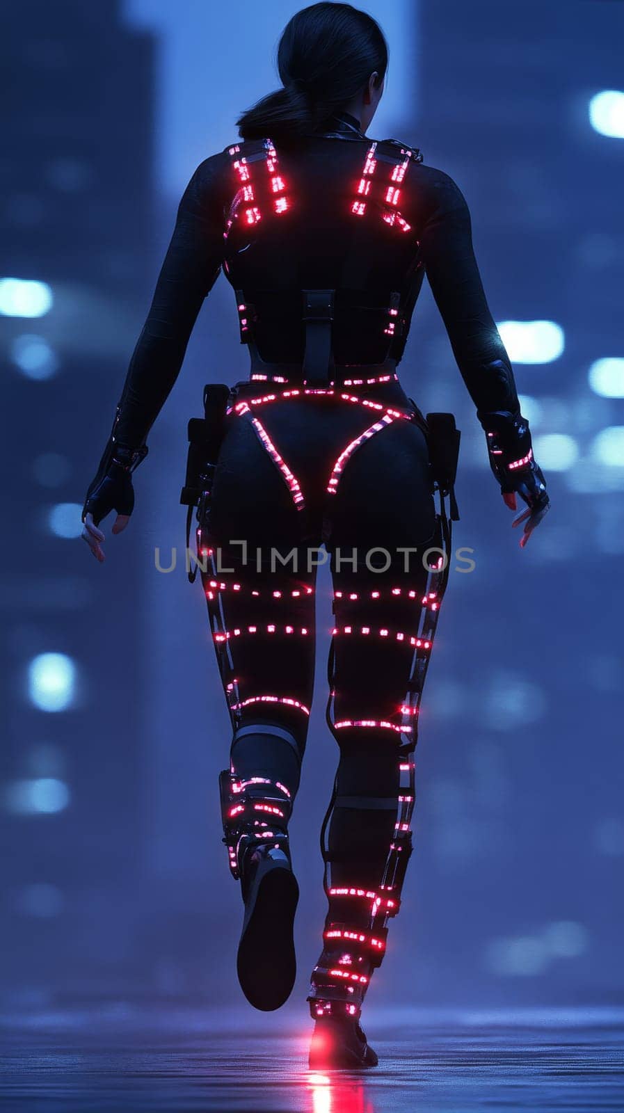 Rear view of a person wearing a black motion capture suit with red LED lights, representing advanced technology in film and gaming industries.