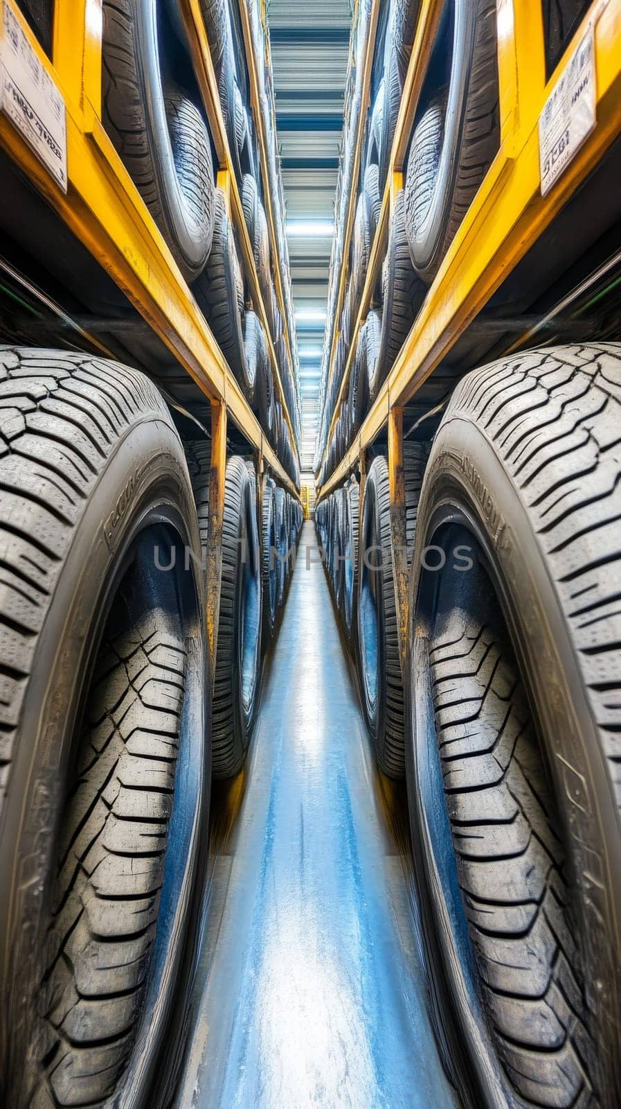 Symmetrical view down a long aisle of stacked tires in a warehouse, showcasing industrial storage and inventory management in the automotive industry.