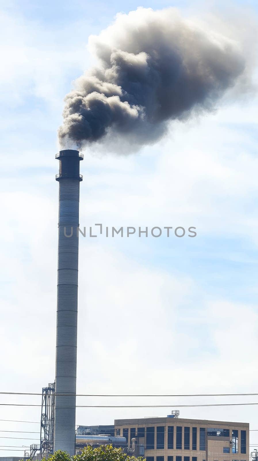 Tall industrial smokestack releasing dark smoke into the blue sky, illustrating environmental concerns and industrial emissions in an urban setting.