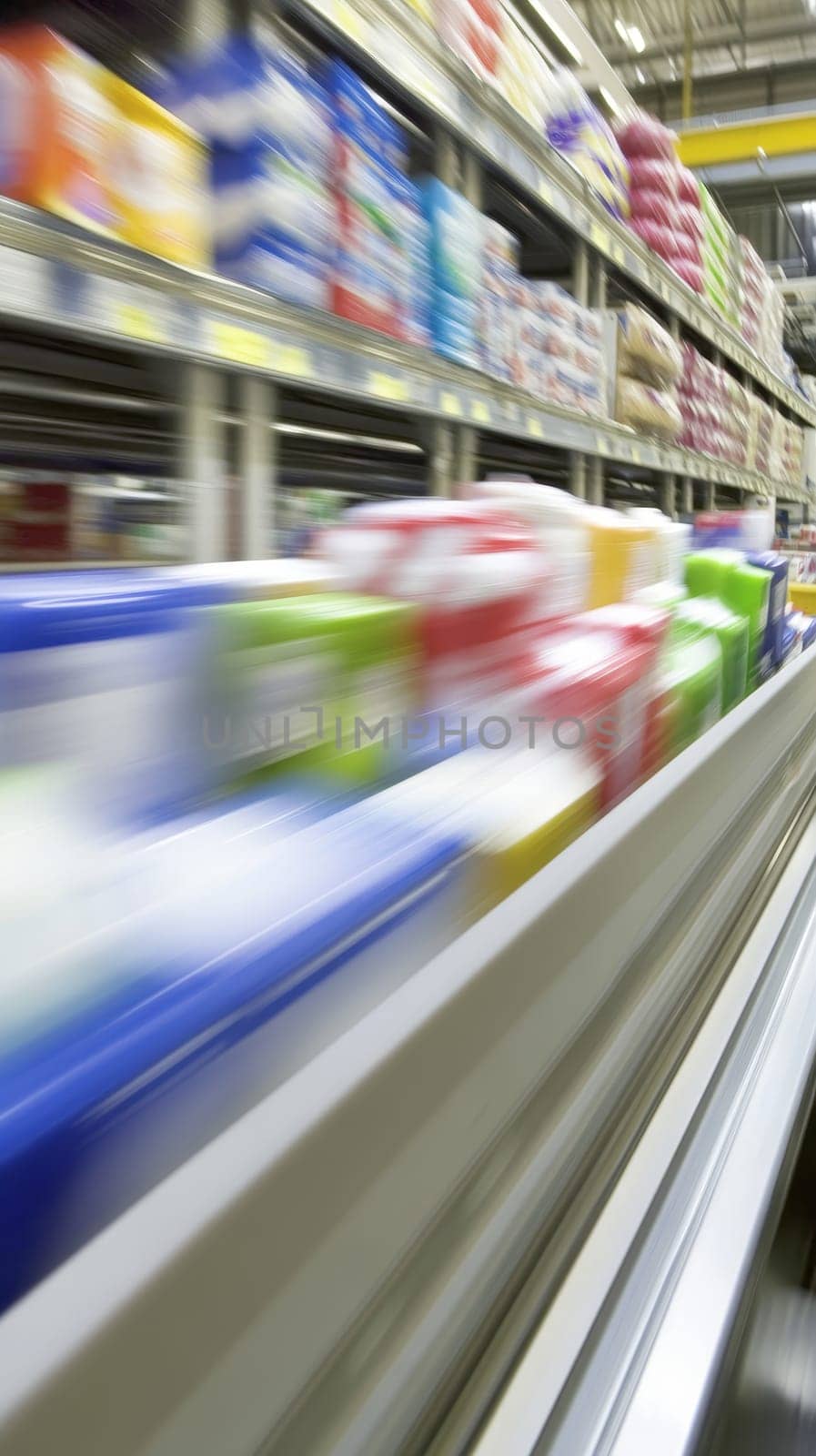 Motion blurred view of colorful product packaging on supermarket shelves, conveying the fast paced nature of modern retail and consumer choices.