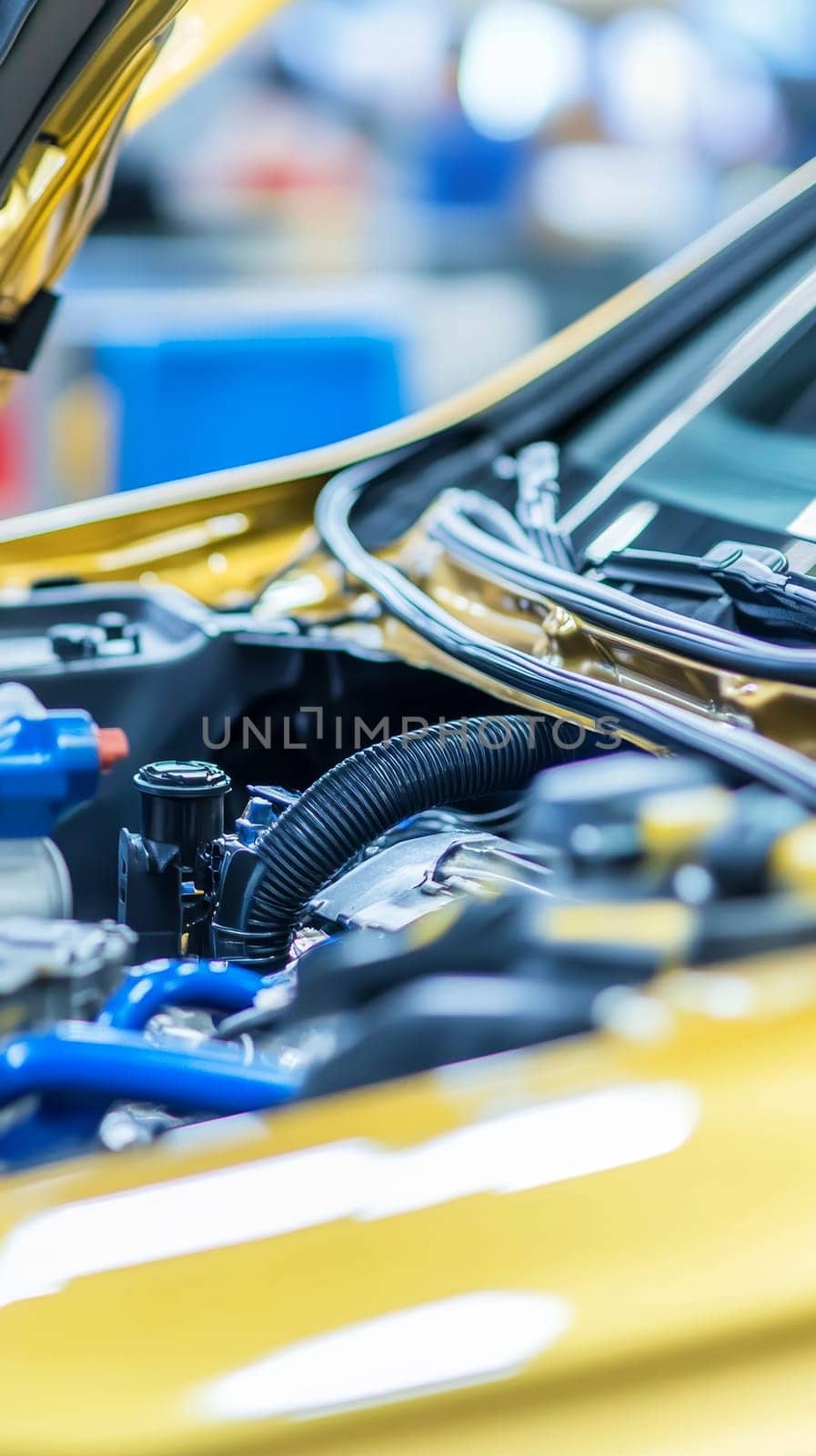 Close up view of a car engine with various components and cables, showcasing automotive repair and maintenance in a workshop setting.
