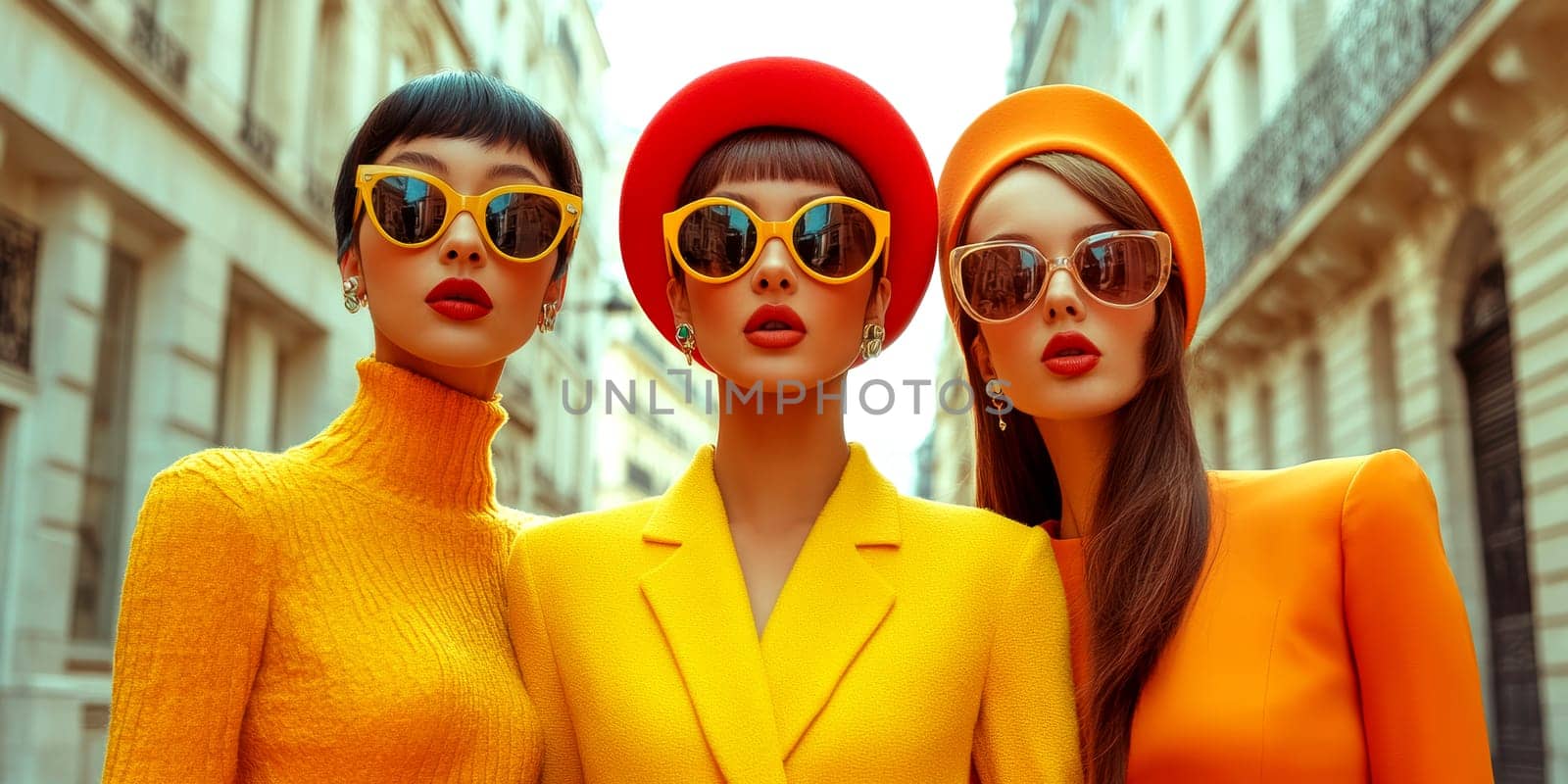 Women photographed on the street, all 70s style. AI generative