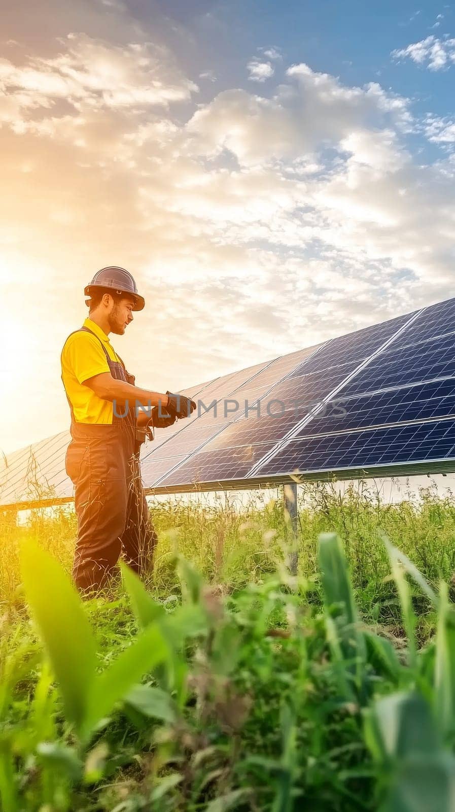 Worker in safety gear inspecting solar panels in a field at golden hour, symbolizing renewable energy and sustainable technology.