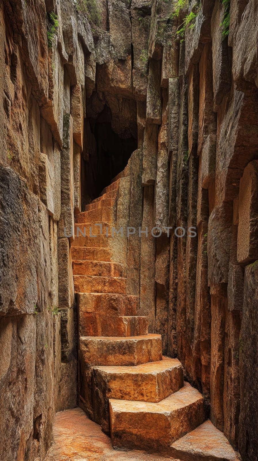 Mysterious stone steps ascending through tight rock formations, with moss and lichen adding texture, evoking a sense of adventure and hidden secrets.