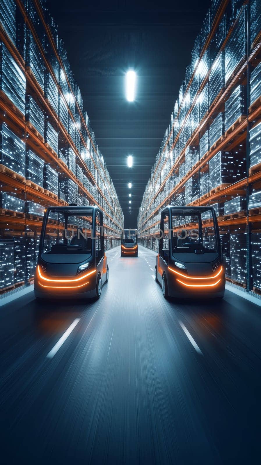Illuminated high tech warehouse interior with autonomous robotic vehicles moving between tall shelves, showcasing advanced logistics and automation technology.