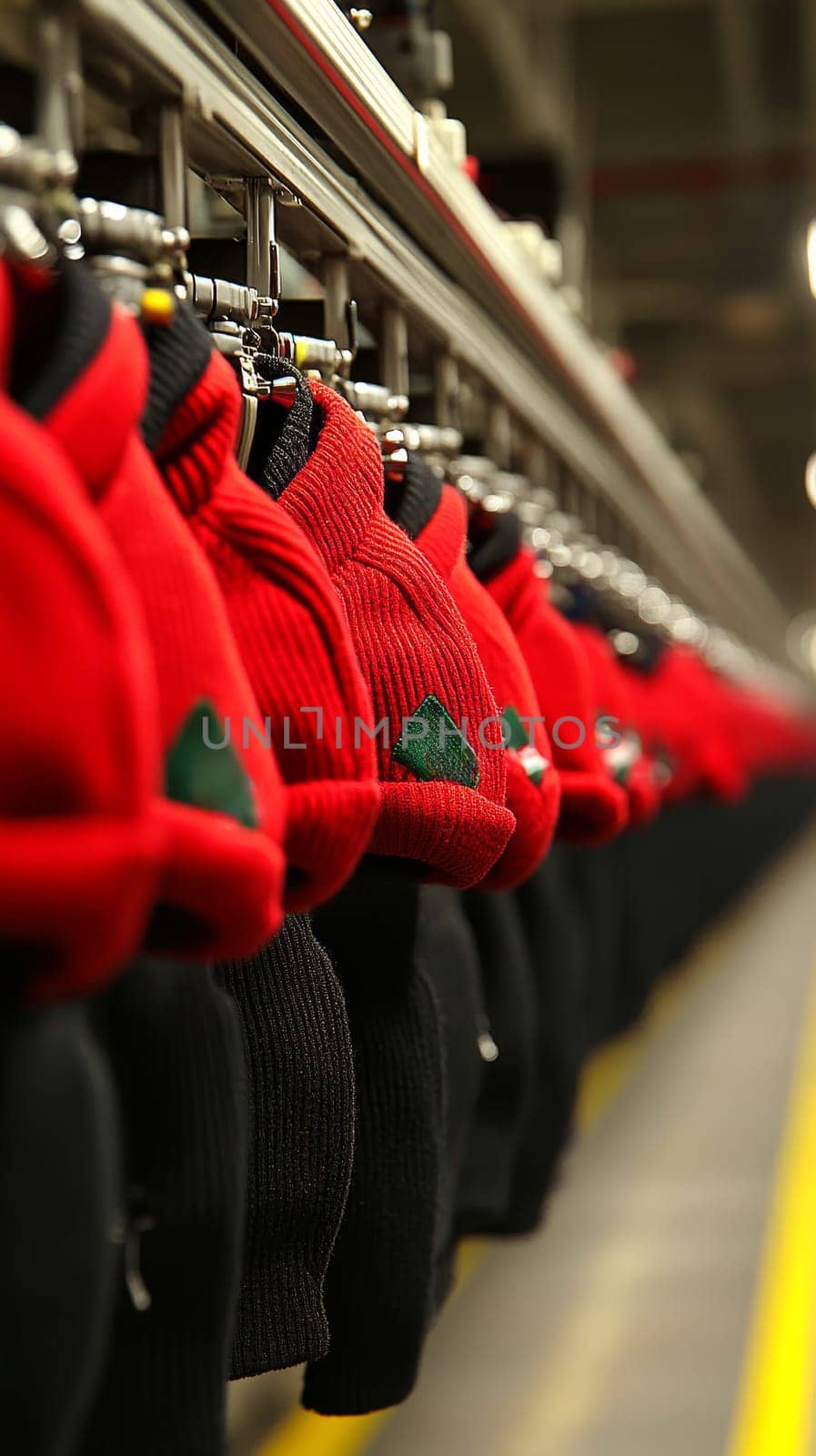 Row of bright red Christmas hats with white trim and green triangles hanging on a retail display rack. Festive holiday merchandise in store.