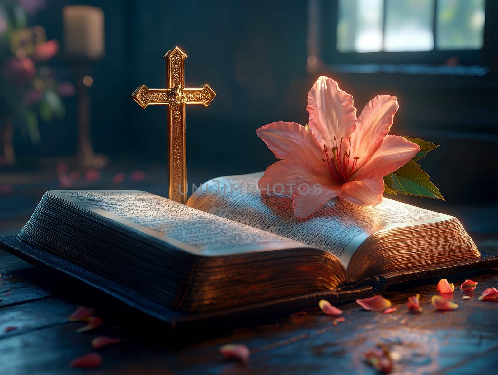 colorful open Bible with cross and flower. AI generative.