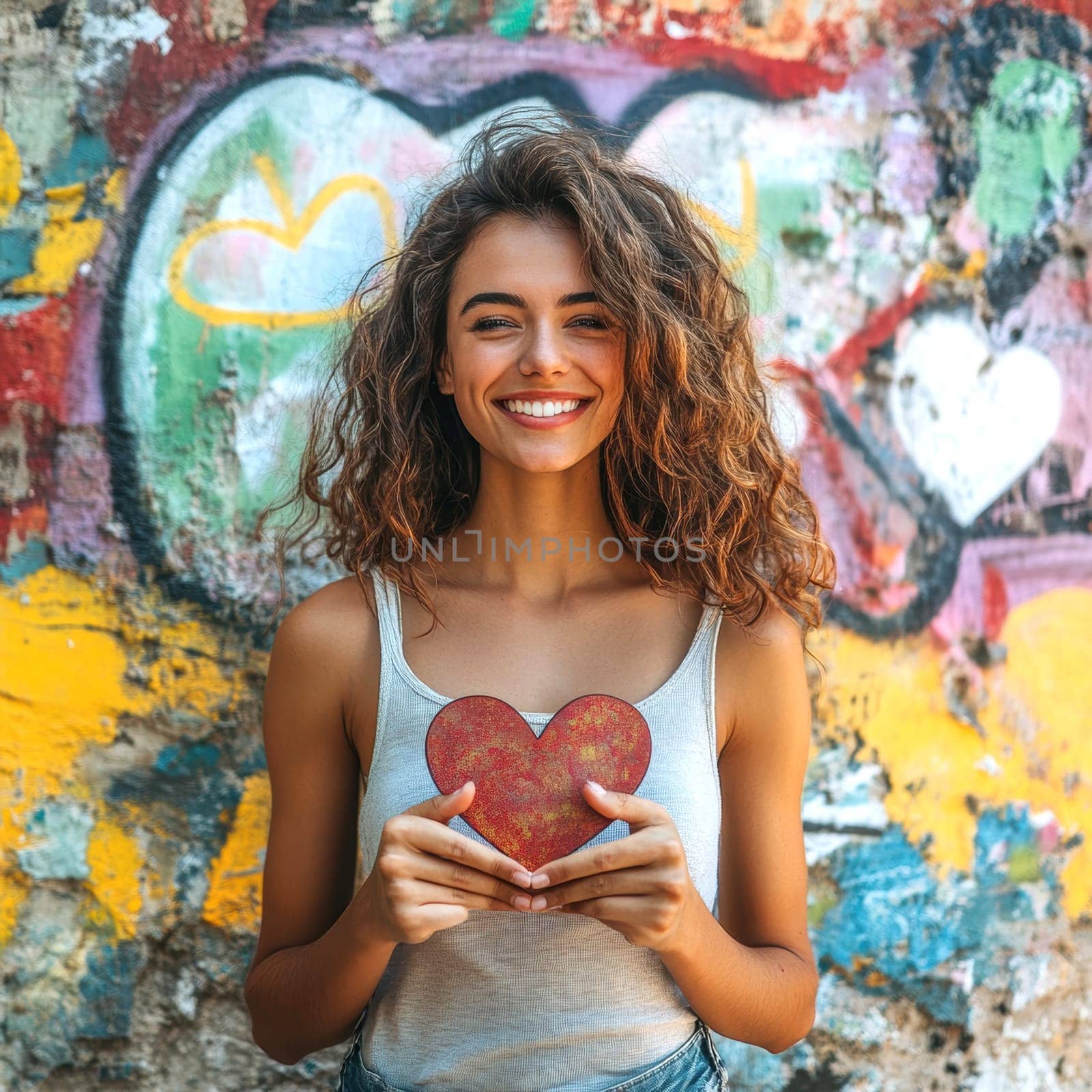 A young woman holding a large red heart in her hands. AI generative.
