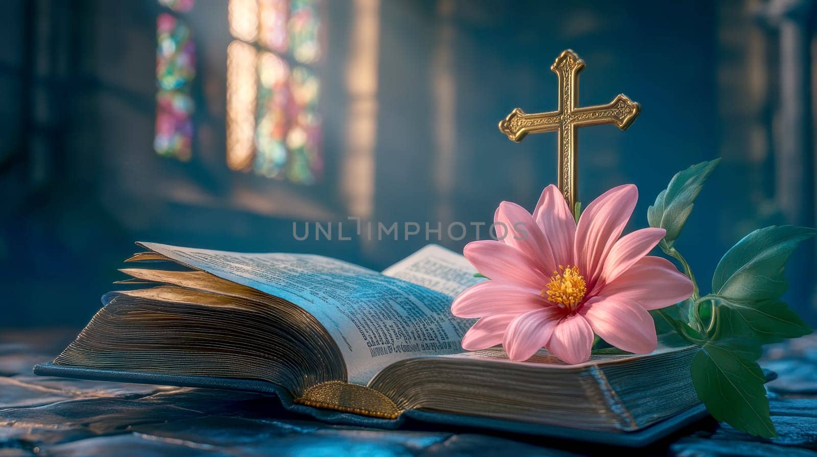 colorful open Bible with cross and flower. AI generative.