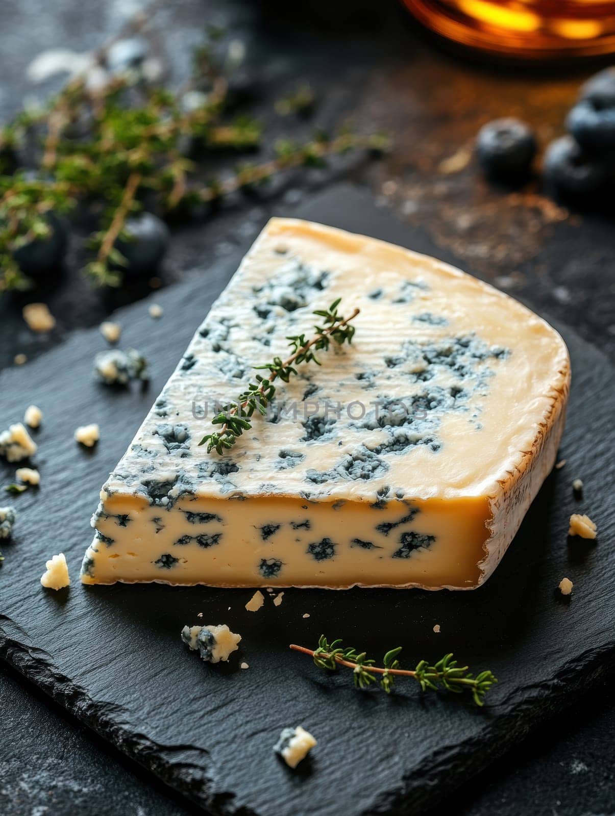 A wedge of blue cheese with visible veins of mold, placed on a slate serving board . AI generative.