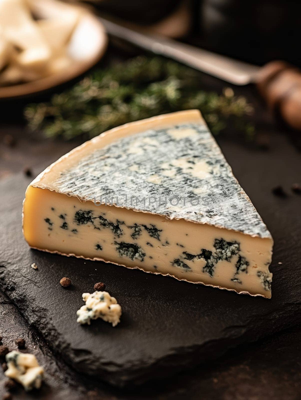 A wedge of blue cheese with visible veins of mold, placed on a slate serving board . AI generative.