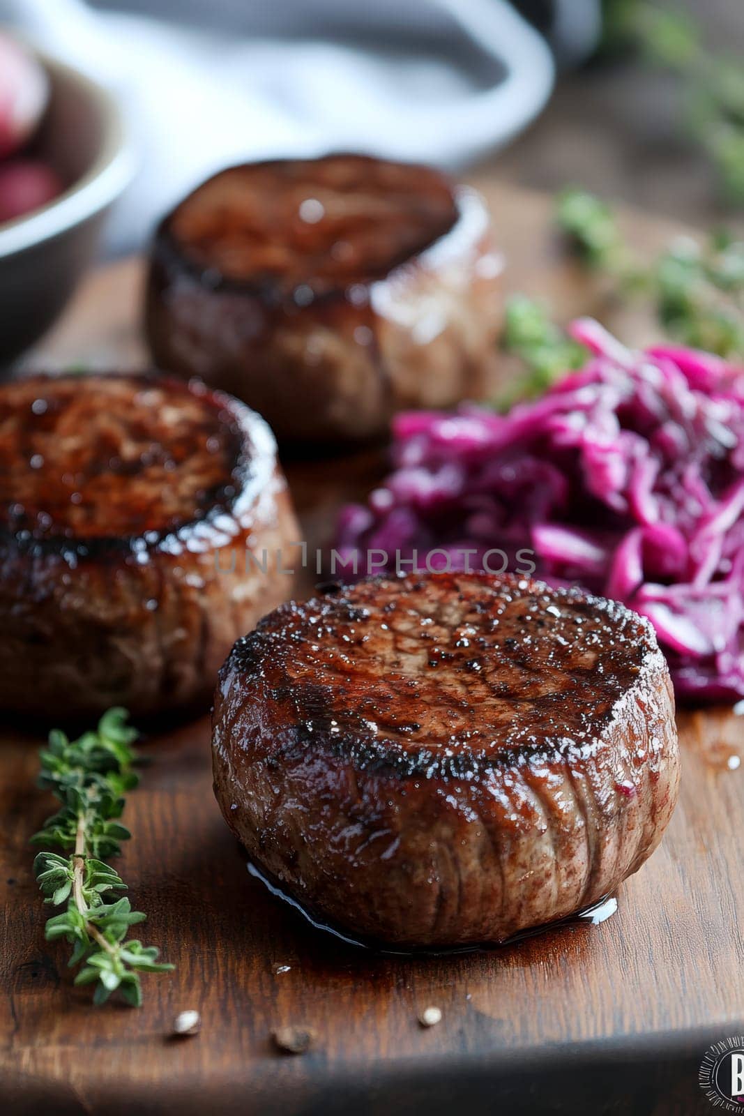 Duck fillet,red cabbage and apple mousse. AI generative.