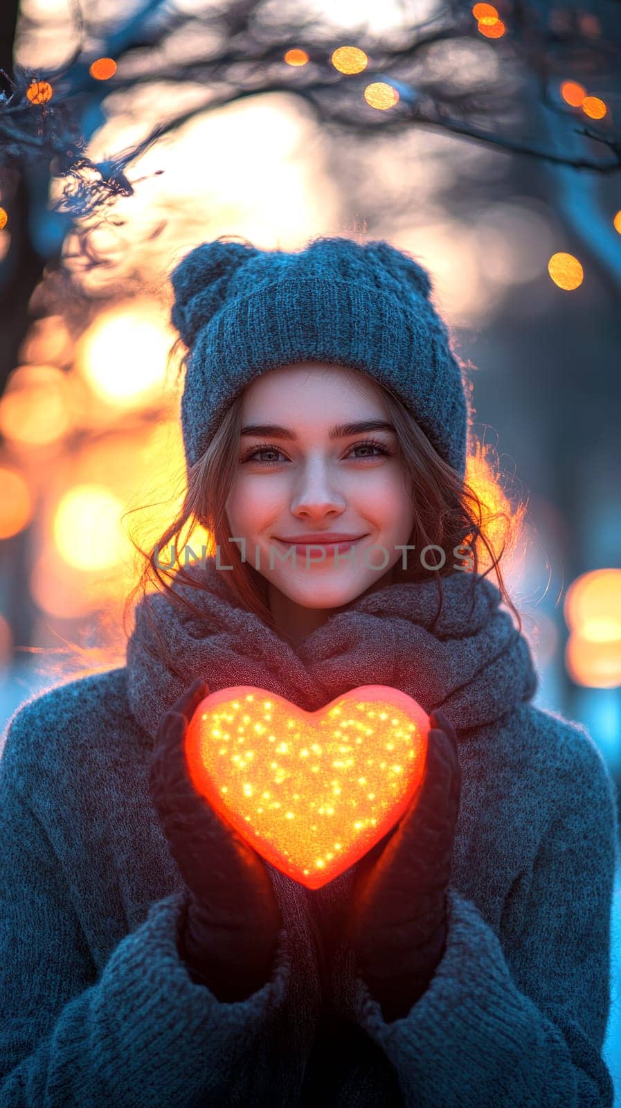 A young woman holding a large red heart in her hands. AI generative.