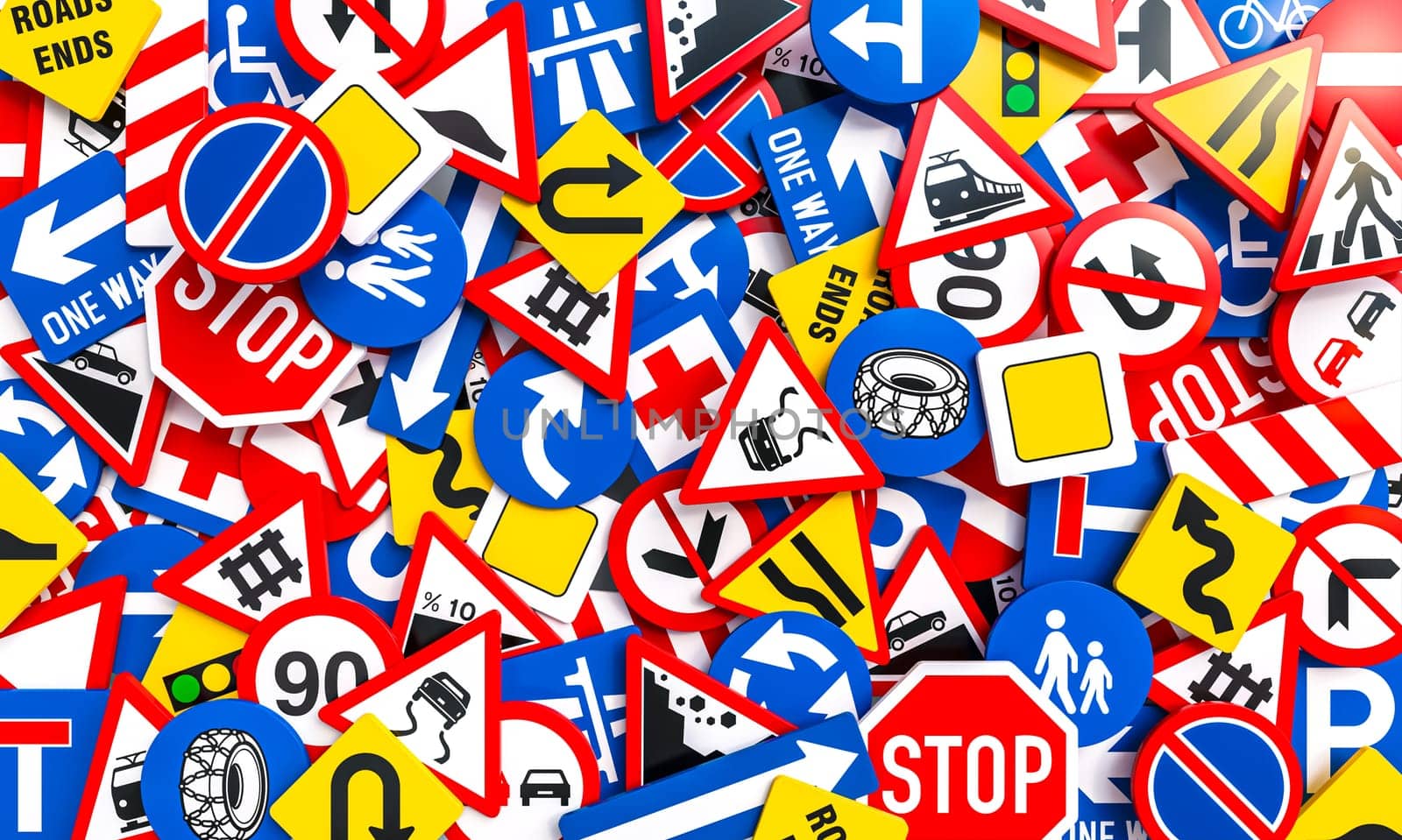 Jumbled heap of traffic, warning, and transit signs 3d background