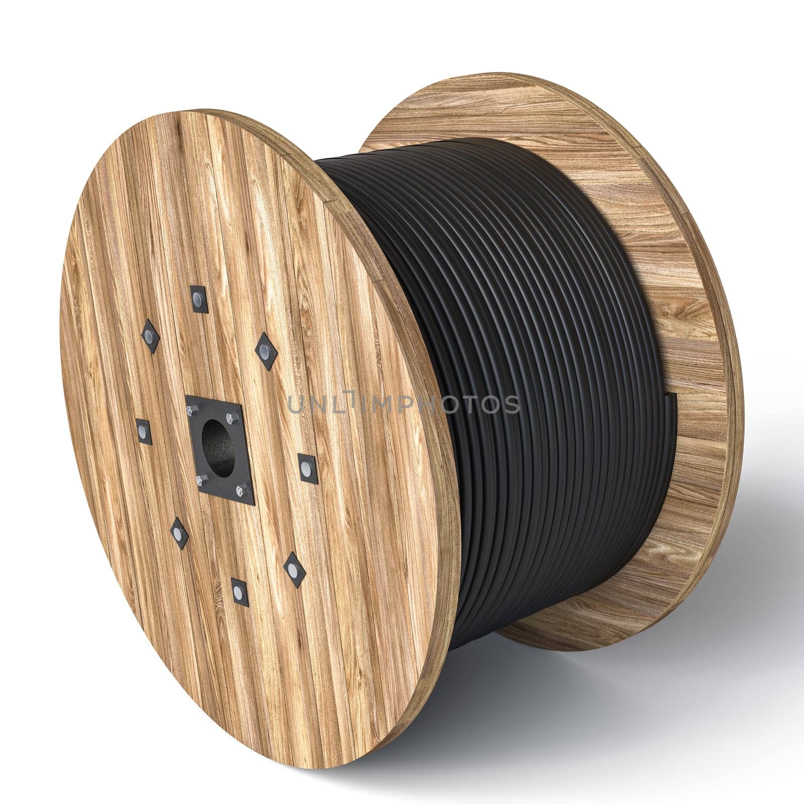 Wooden cable drum storing black electric wire isolated white background 3d