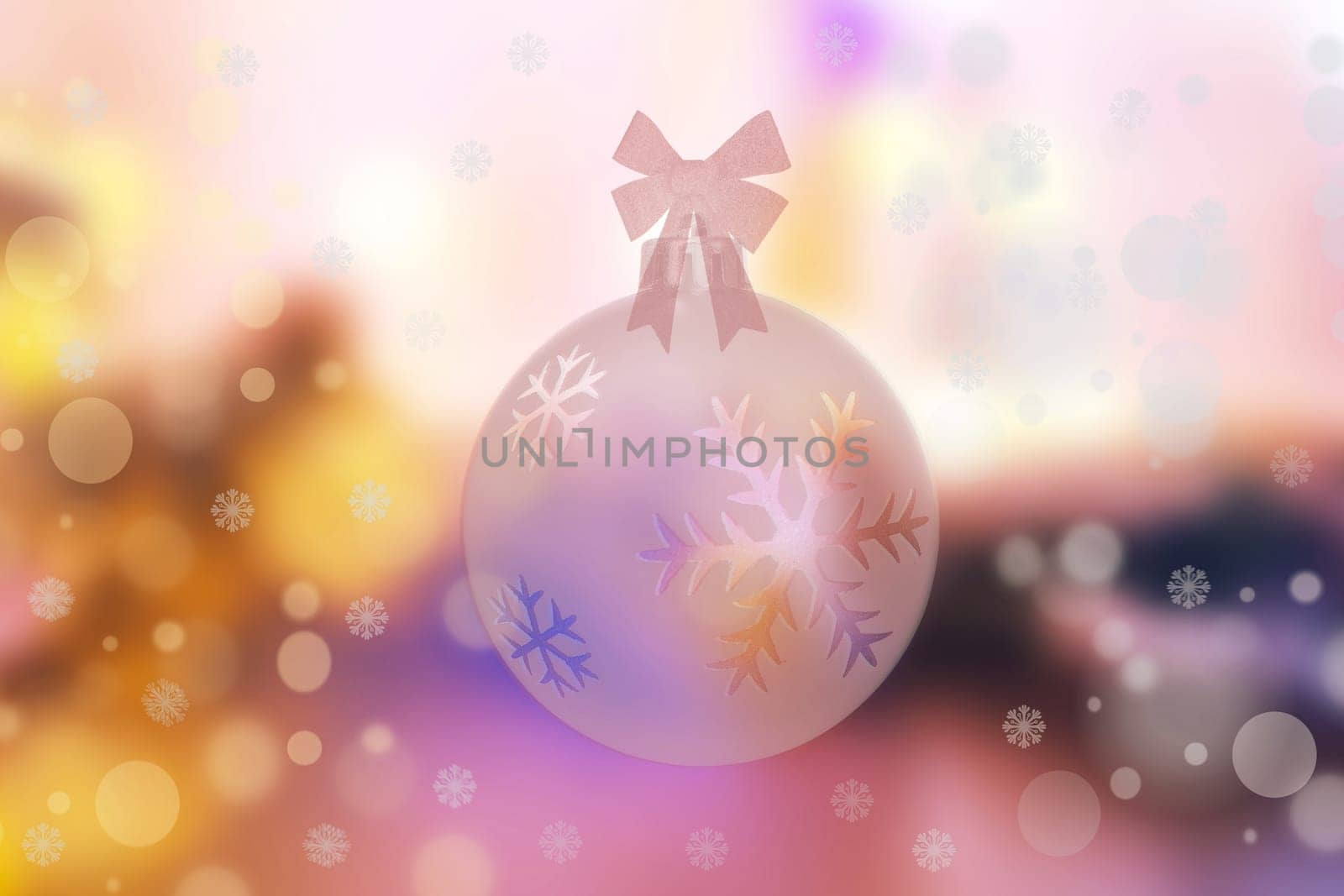 Abstract blurred festive winter christmas or Happy New Year background with shiny pink and blue bokeh lighted xmas balls and stars. Space for your design. Card concept.