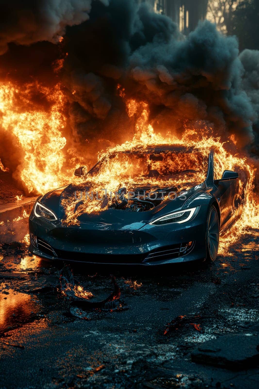 electric car engulfed in flames. AI generative.