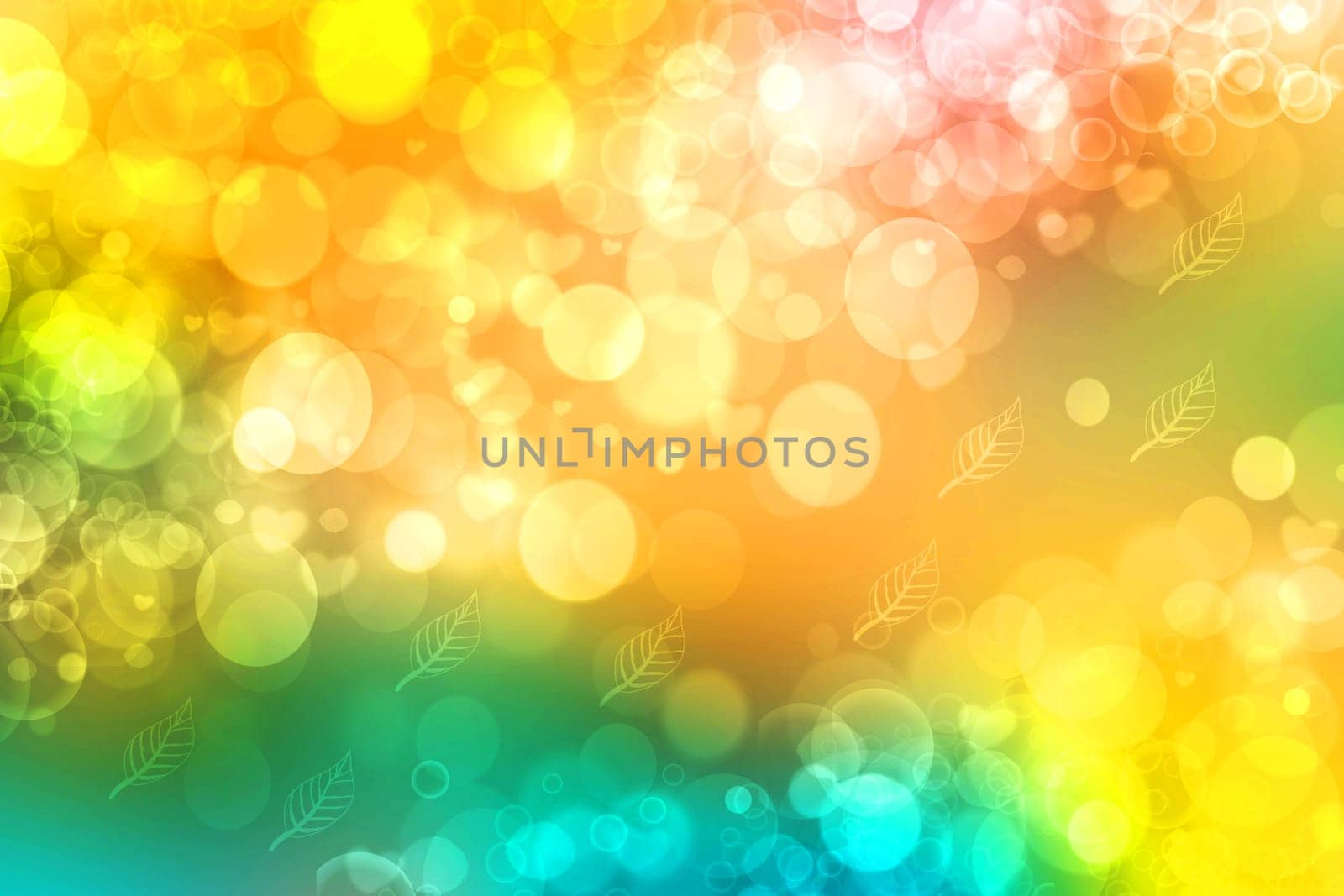 Greeting card template. Abstract festive light green yellow Happy spring greeting card with hearts and leaves. Background texture for mothers day, valentine, wedding or other holidays.
