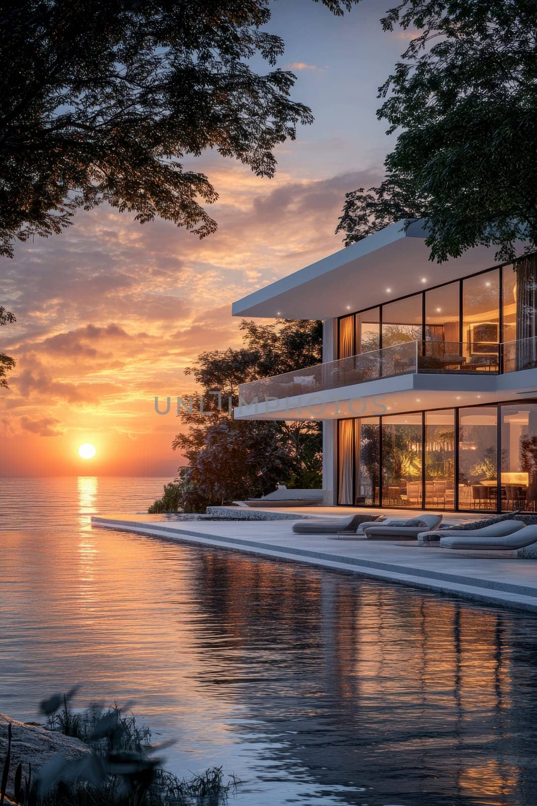 minimalist villa with sea in dawn . AI generative.