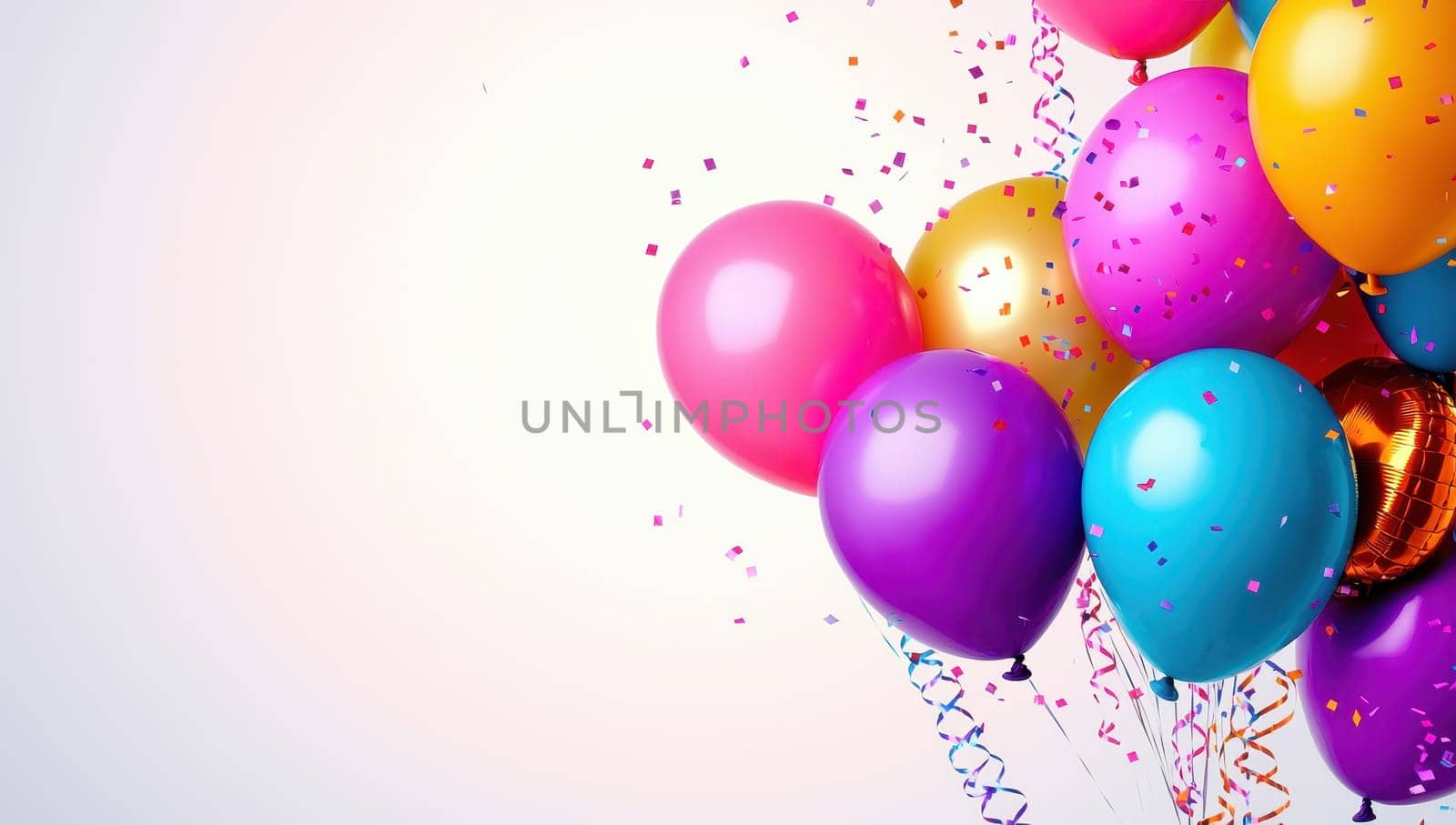 Colorful balloons and confetti on a light background