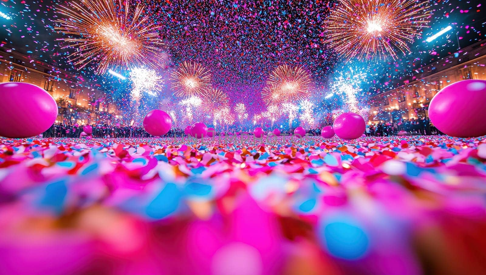 Colorful fireworks and confetti exploding over a crowd celebrating New Years Eve