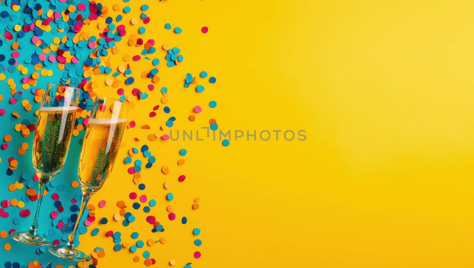 Two champagne glasses with confetti on a vibrant yellow background with copy space. Perfect for celebrations, parties, and festive occasions.