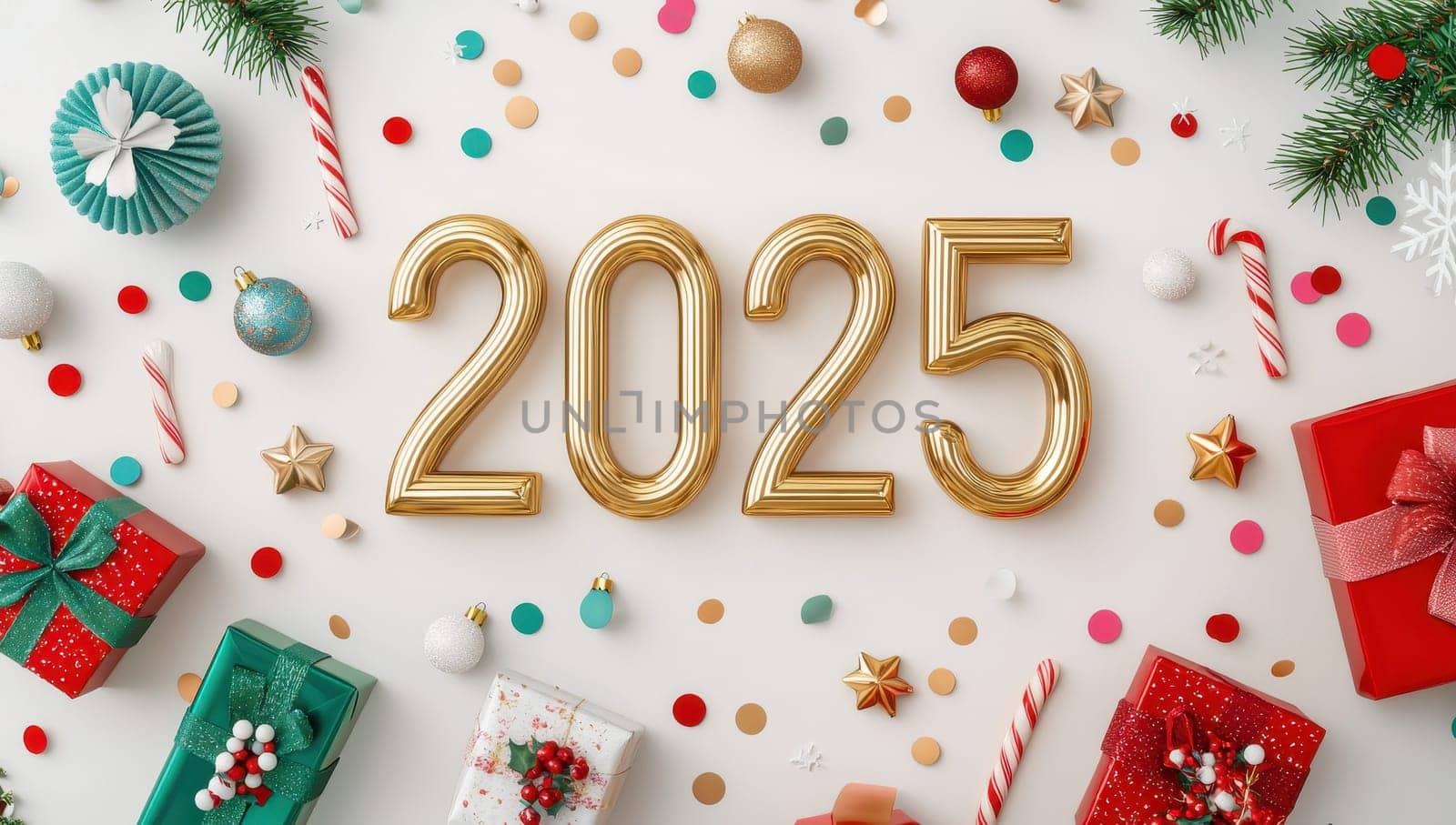 New Year 2025 celebration. Flat lay of golden number balloons, gift boxes, ornaments, and confetti on white background.