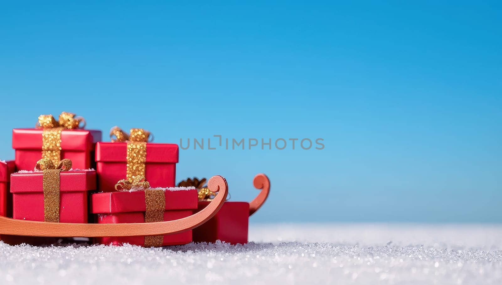Red Christmas sleigh with gifts on snow against blue background. Christmas, winter holidays, delivery concept.