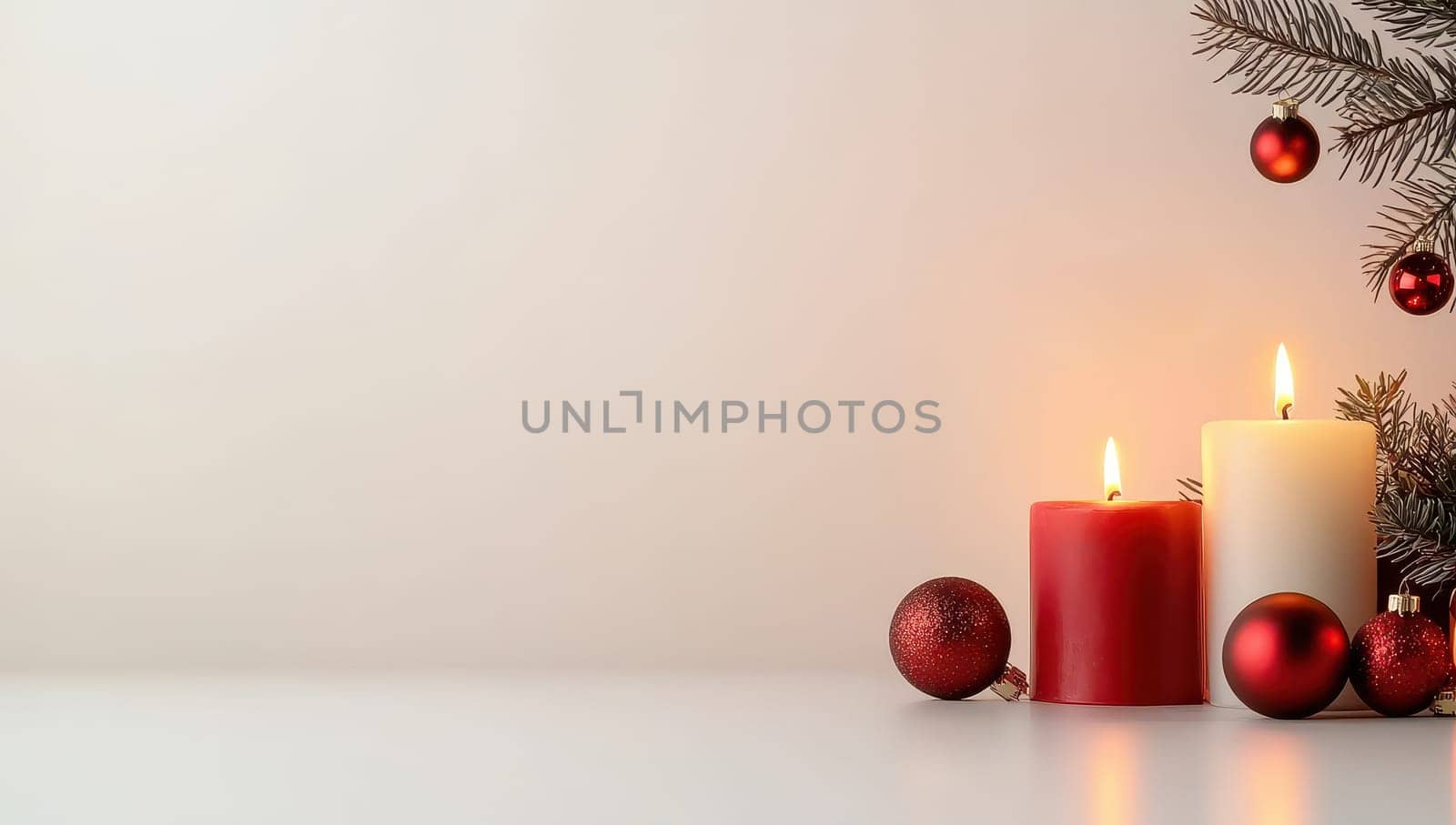 Christmas candles and ornaments on a white background