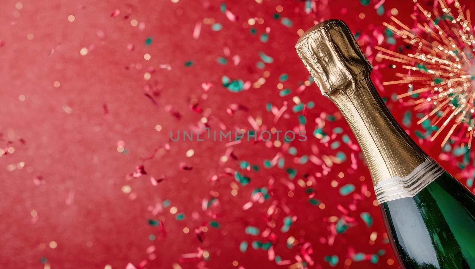 Champagne bottle with explosion of colorful confetti on red background. Celebration, party, festive concept.