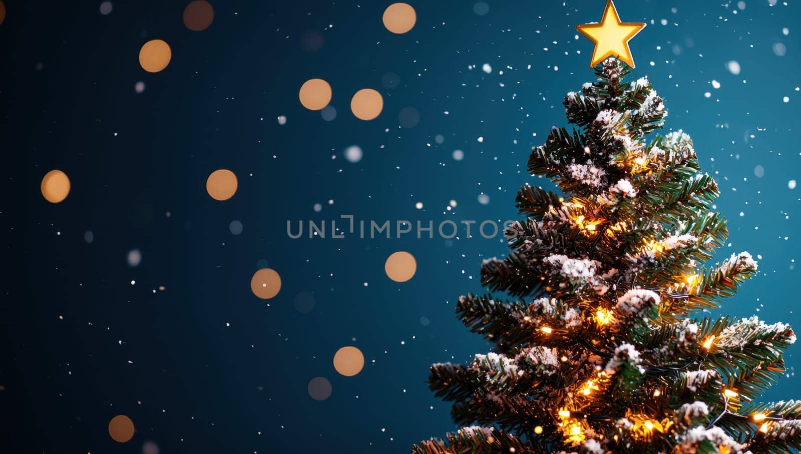 Christmas tree with lights and snow on a blue background with bokeh. Festive holiday concept.