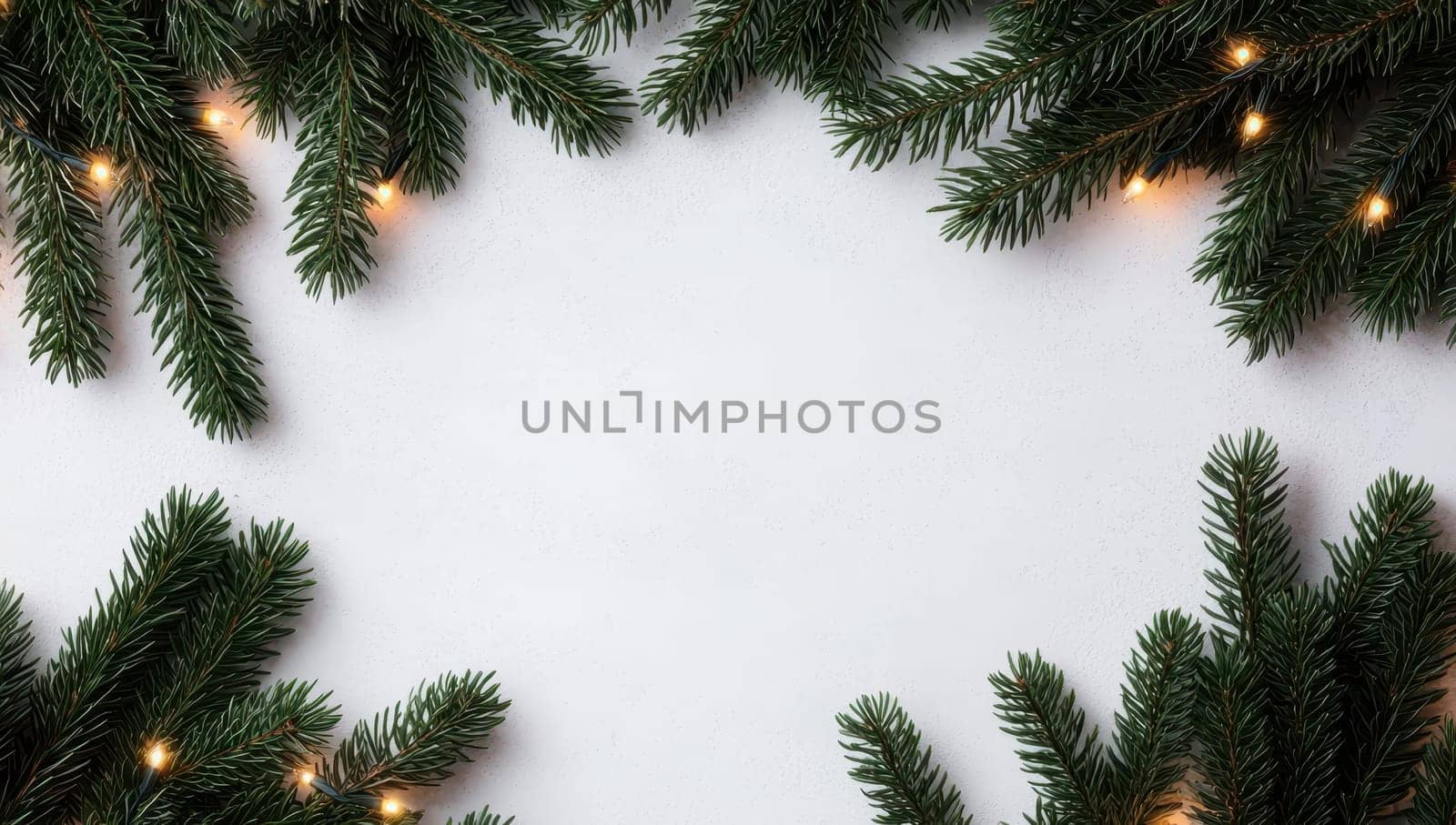 Christmas background with fir branches and lights on a white background. Festive backdrop with copy space.