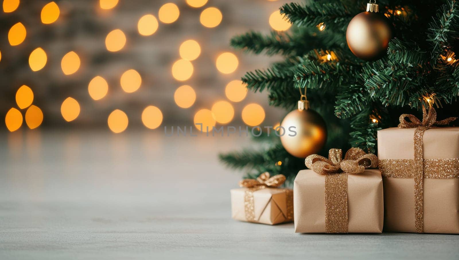 Christmas gifts wrapped in craft paper and tied with twine under a decorated Christmas tree with twinkling lights.