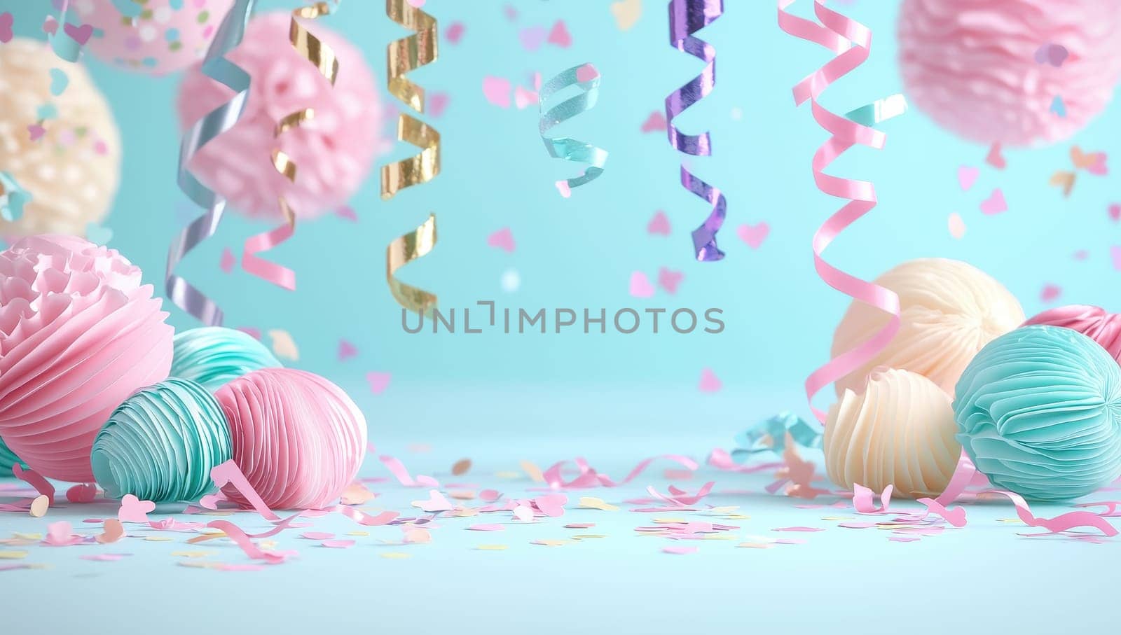 Festive pastel colored party background with paper decorations, confetti, and streamers on a blue backdrop.