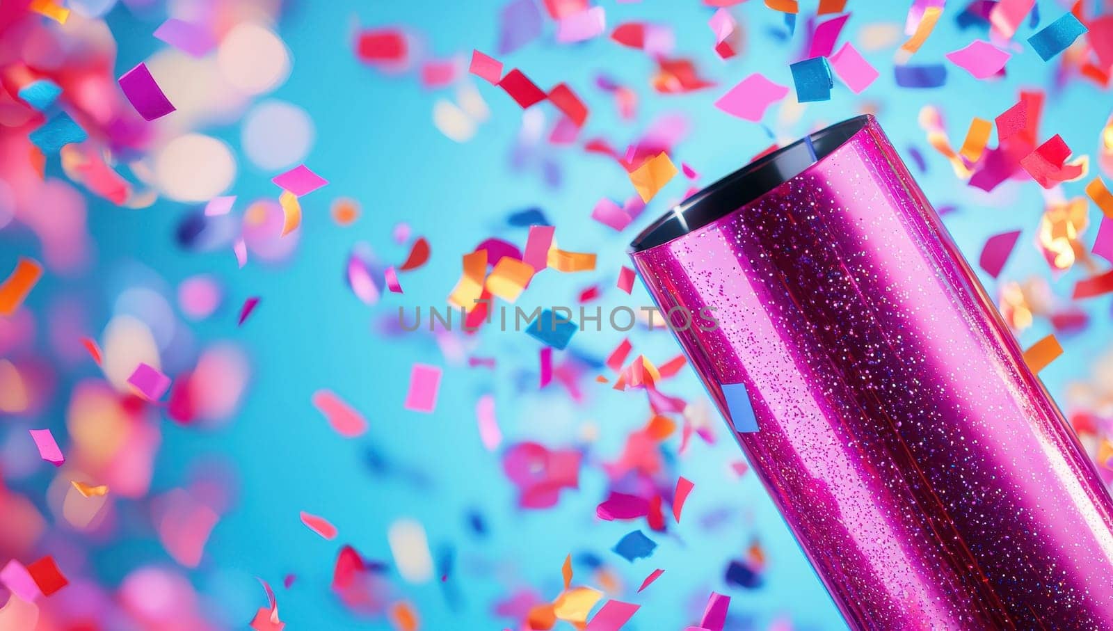 Pink party popper exploding with colorful confetti on a blue background. Celebration, festive, and fun concept.
