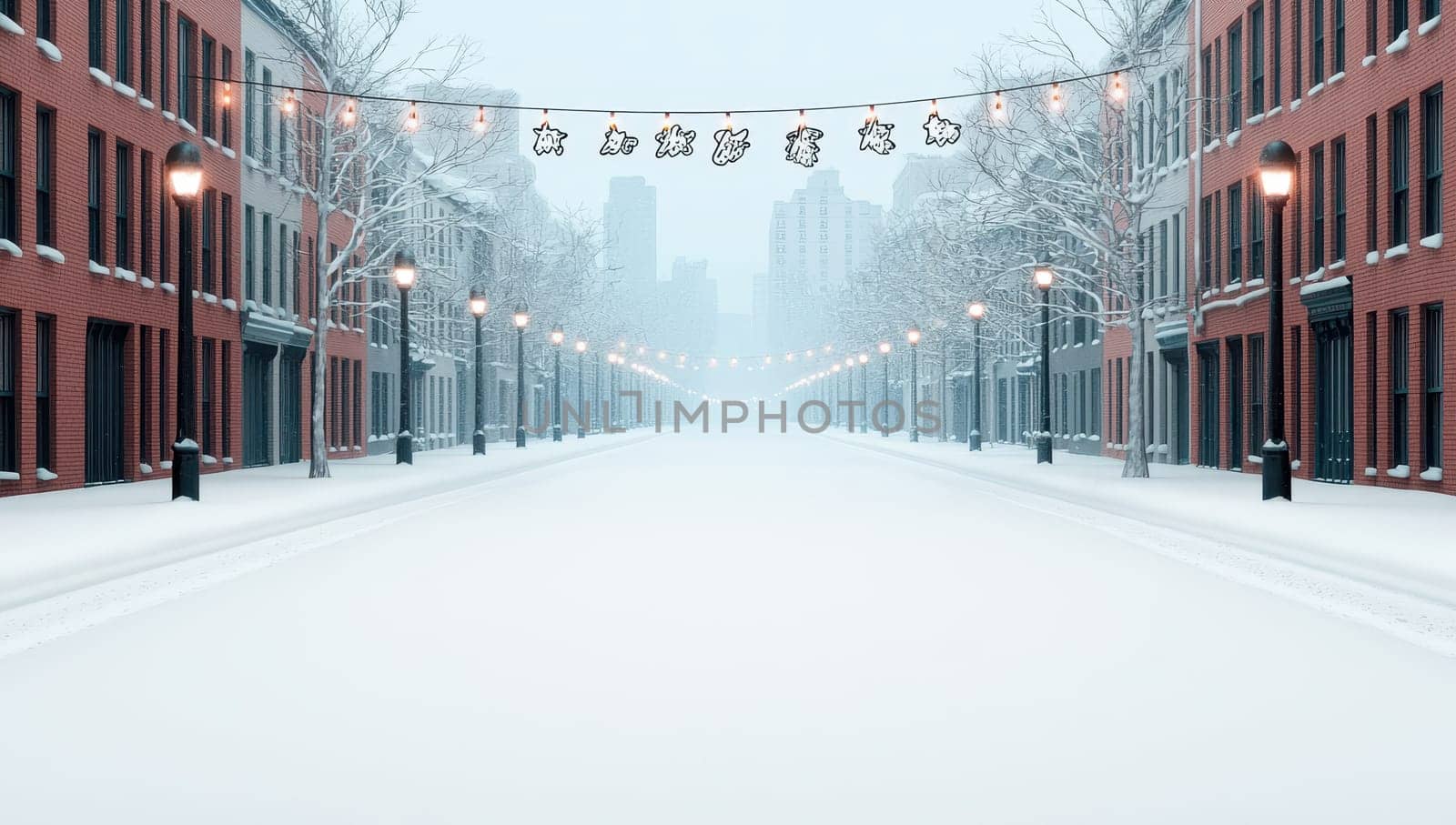 Snowy city street decorated with Christmas lights during a snowstorm. Winter, holiday, festive season.