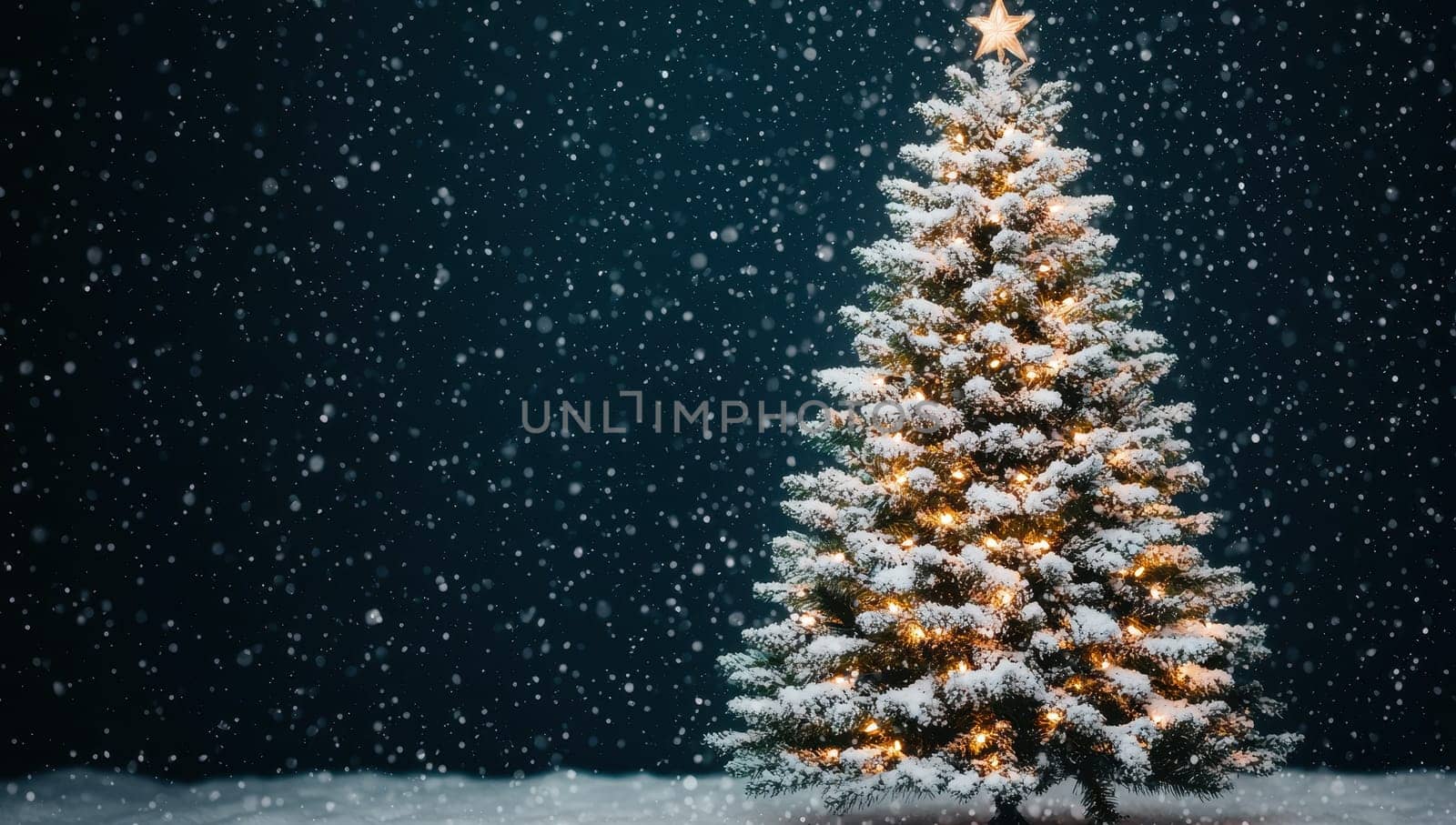 Snow falling on a decorated Christmas tree with lights against a dark blue background.