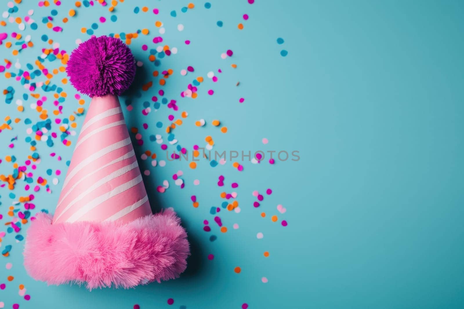 Pink party hat with a pom pom and colorful confetti on a blue background. Birthday celebration, party supplies, festive concept.